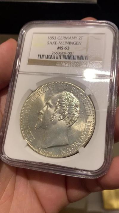 《竞宝斋》第270场- 周日，周一，周二  3场连拍 （全场包邮） NGC MS63 德国1853年萨克森梅宁根2泰勒银币 高分好状态 比较难的品种