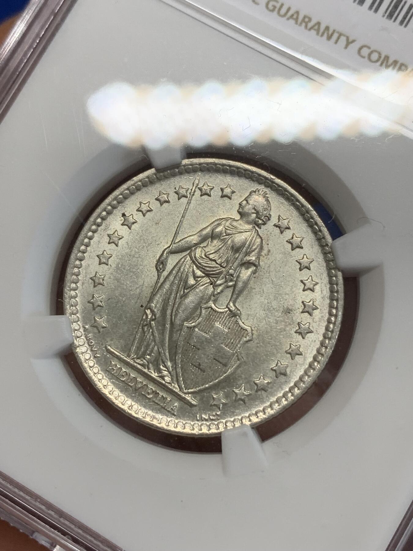 《竞宝斋》第270场- 周日，周一，周二  3场连拍 （全场包邮） NGC MS62 瑞士 1964年 雪山女神赫尔维蒂亚 2法郎 银币