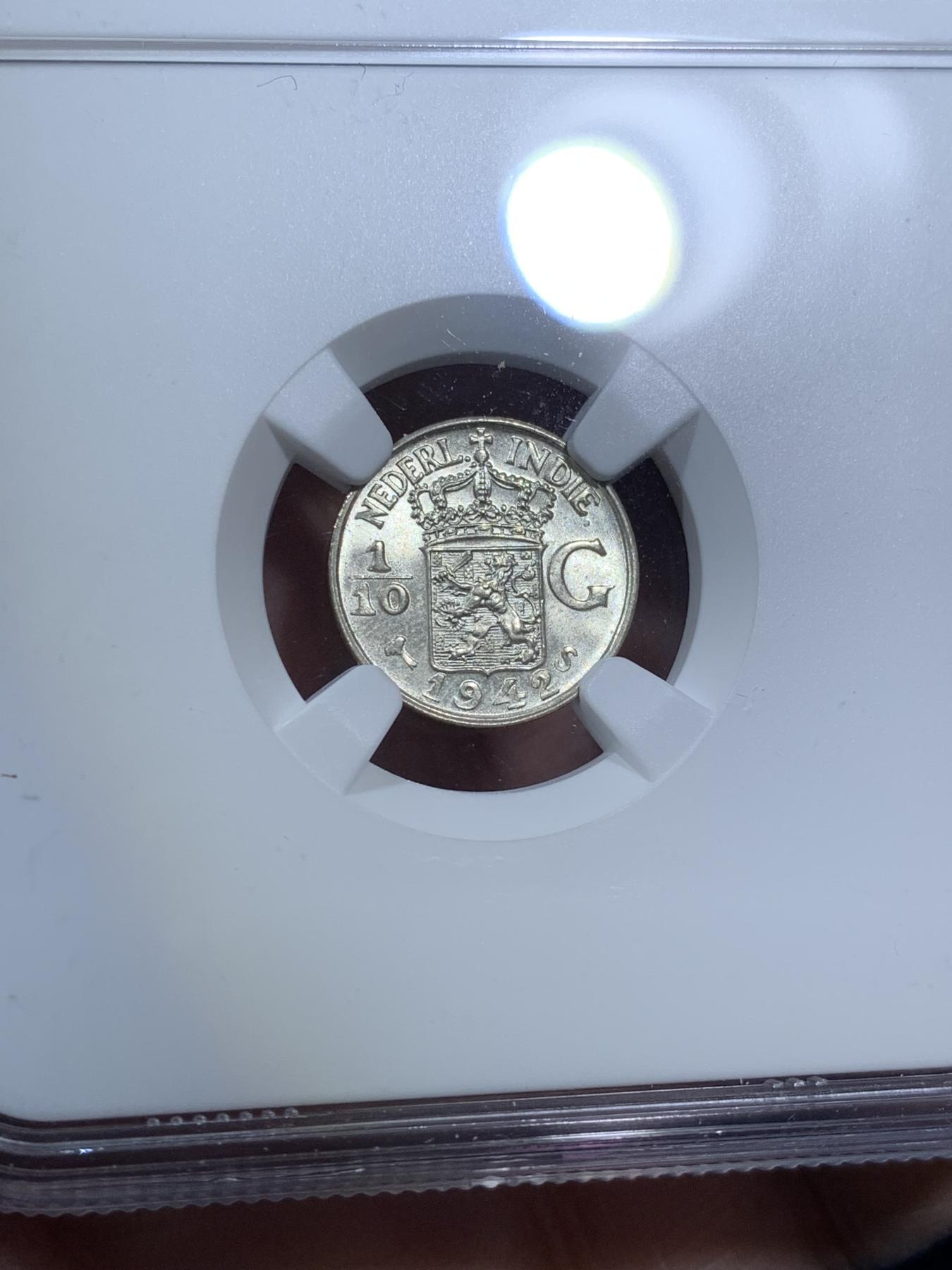 《竞宝斋》第270场- 周日，周一，周二  3场连拍 （全场包邮） NGC MS65 1942 荷属东印度（今印尼）1/10盾银币 卷拆BU品