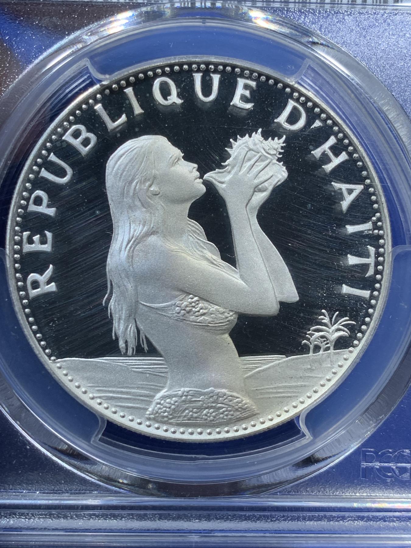 《竞宝斋》第270场- 周日，周一，周二  3场连拍 （全场包邮） PCGS金盾 PR69DCAM 海地1973年吹海螺的小妹妹50古德精制银币