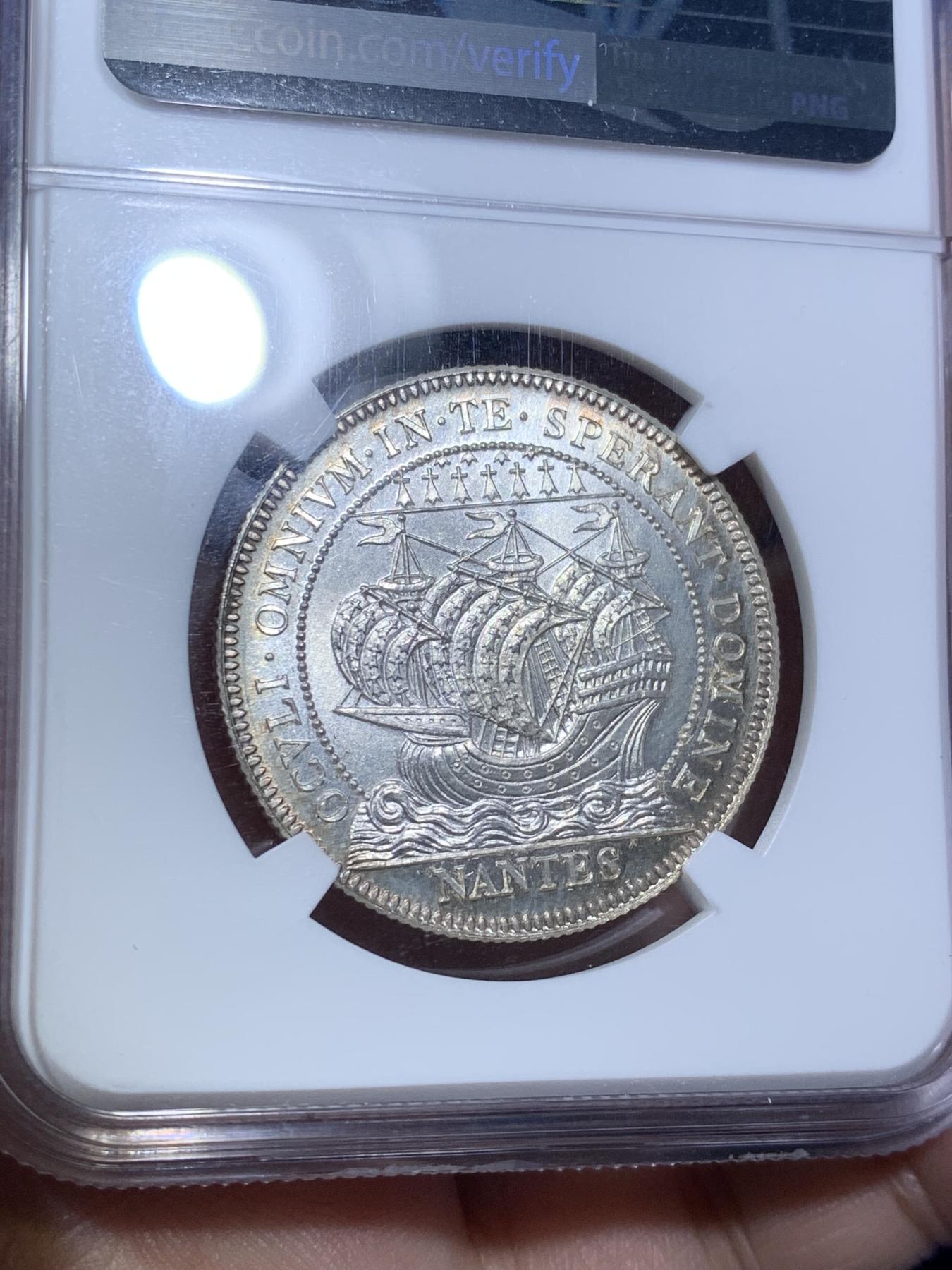 《竞宝斋》第270场- 周日，周一，周二  3场连拍 （全场包邮） NGC MS66 19世纪法国南特商会银质代币 顶级品相状态