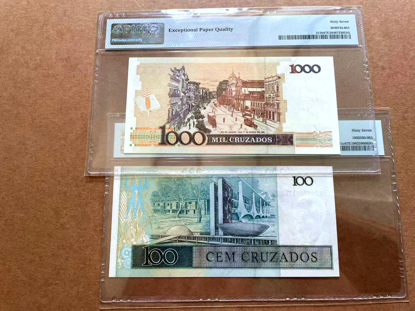 【Blue Auction】✨世界纸币精拍第479期【精】 【一组2张 AA冠】巴西 1987-88年100-1000克鲁塞罗  PMG67EPQ