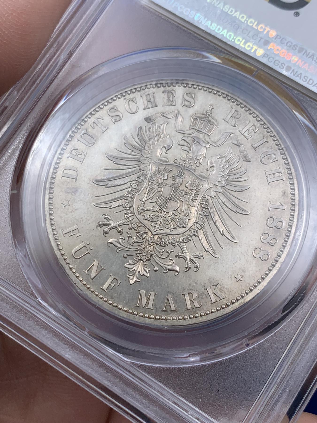 《竞宝斋》第270场- 周日，周一，周二  3场连拍 （全场包邮） PCGS PR62 德国 1888年 弗里德里希三世 德意志皇帝与普鲁士国王 精制版 5马克 大银币 如镜底面 非常的漂亮