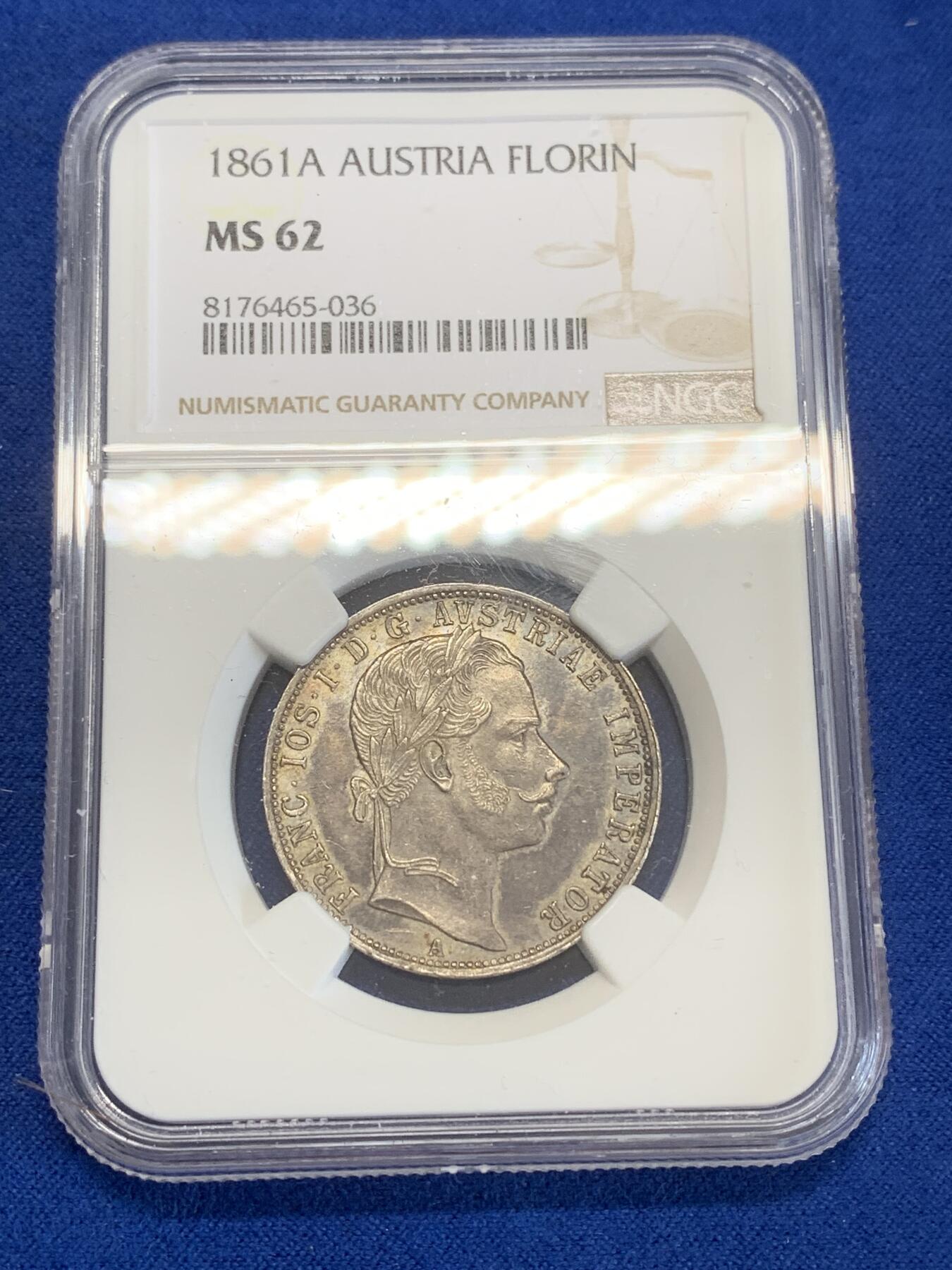 《竞宝斋》第270场- 周日，周一，周二  3场连拍 （全场包邮） NGC MS62 奥地利1861年弗朗西斯·约瑟夫一世年轻头像1弗洛林银币