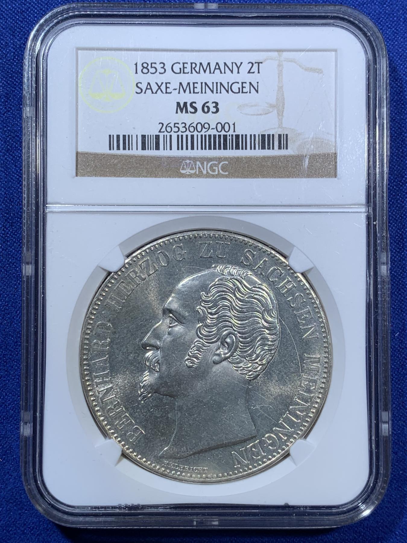 《竞宝斋》第270场- 周日，周一，周二  3场连拍 （全场包邮） NGC MS63 德国1853年萨克森梅宁根2泰勒银币 高分好状态 比较难的品种