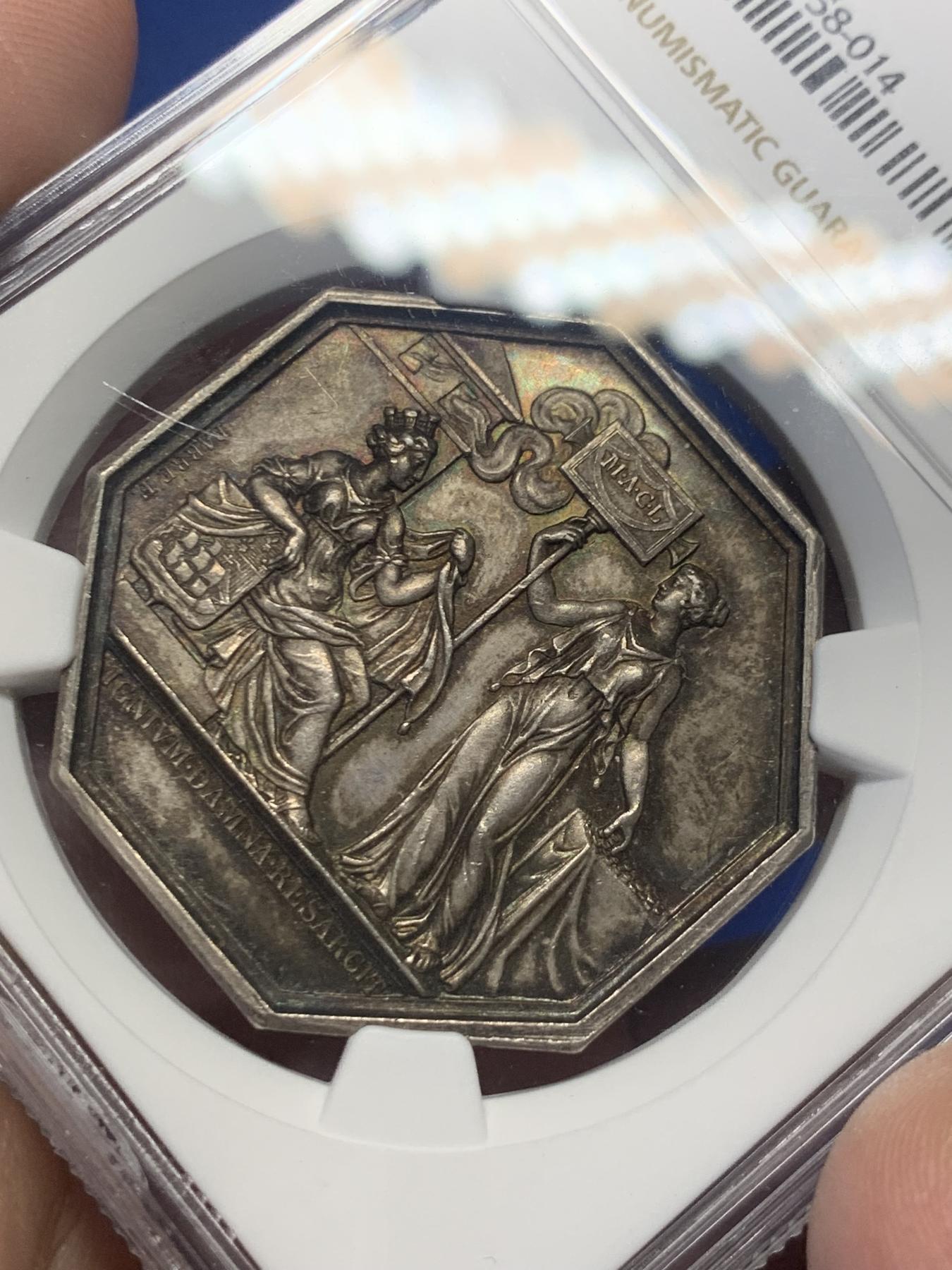 《竞宝斋》第271场-八角与章专场 周日，周一，周二  3场连拍 （全场包邮） NGC-MS62 法国巴黎火灾保险公司八角银质jeton