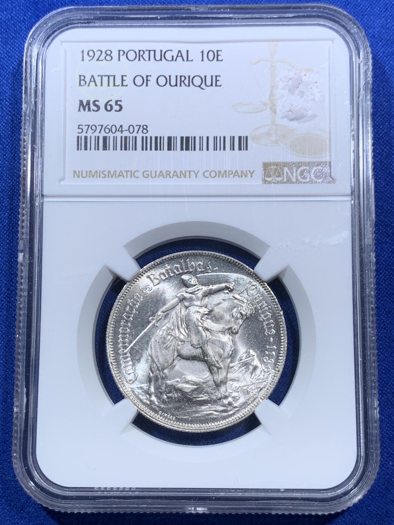 《竞宝斋》第270场- 周日，周一，周二  3场连拍 （全场包邮） NGC MS65 葡萄牙1928年奥里基战役10埃斯库多纪念银币