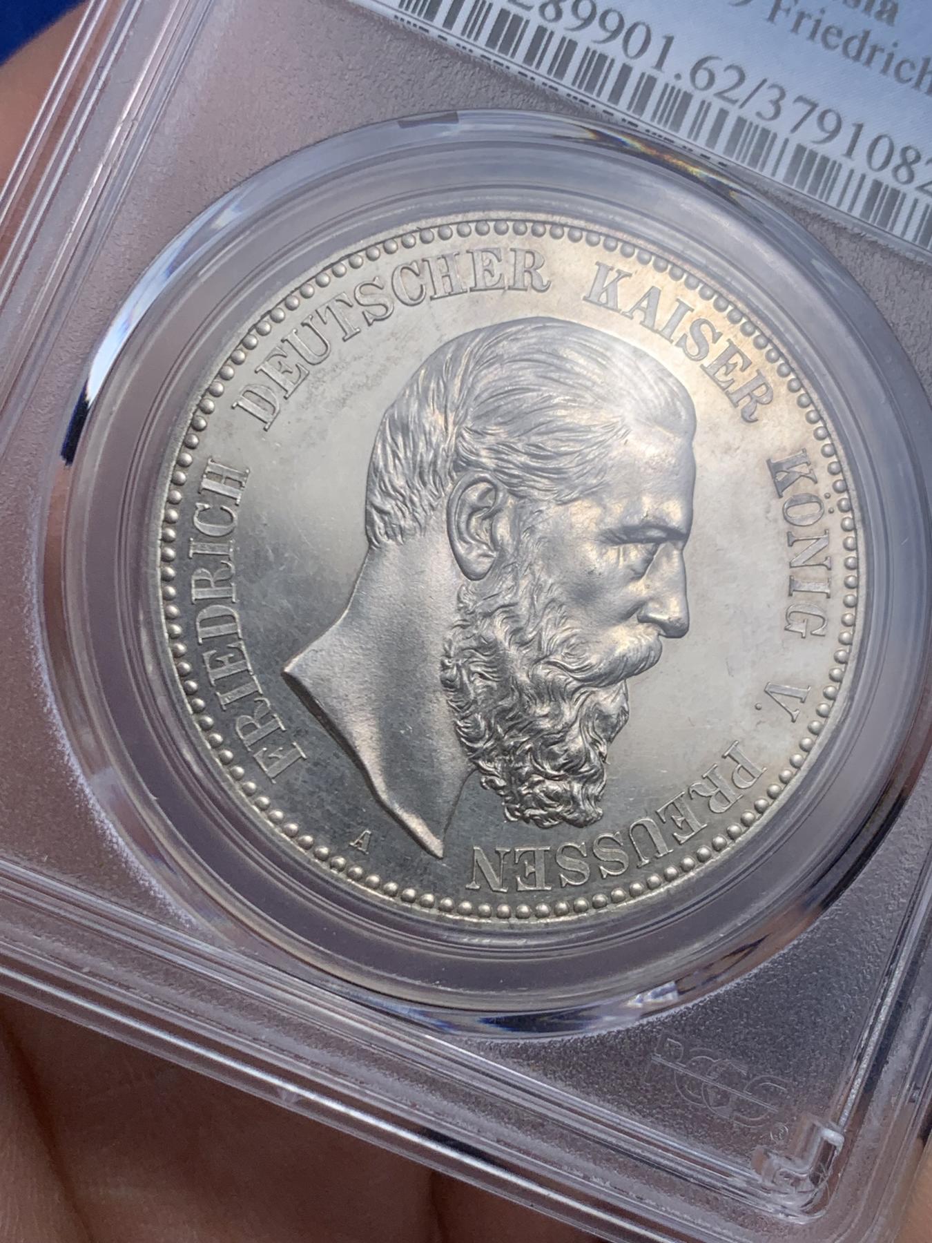 《竞宝斋》第270场- 周日，周一，周二  3场连拍 （全场包邮） PCGS PR62 德国 1888年 弗里德里希三世 德意志皇帝与普鲁士国王 精制版 5马克 大银币 如镜底面 非常的漂亮