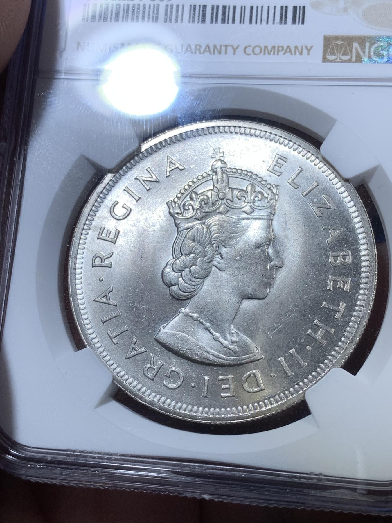 《竞宝斋》第270场- 周日，周一，周二  3场连拍 （全场包邮） NGC MS65 英属百慕大1959年伊丽莎白二世青年头像克朗银币 经典女王头像 高分好品