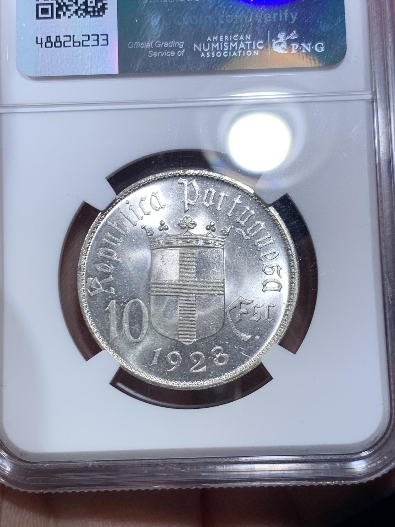 《竞宝斋》第270场- 周日，周一，周二  3场连拍 （全场包邮） NGC MS65 葡萄牙1928年奥里基战役10埃斯库多纪念银币