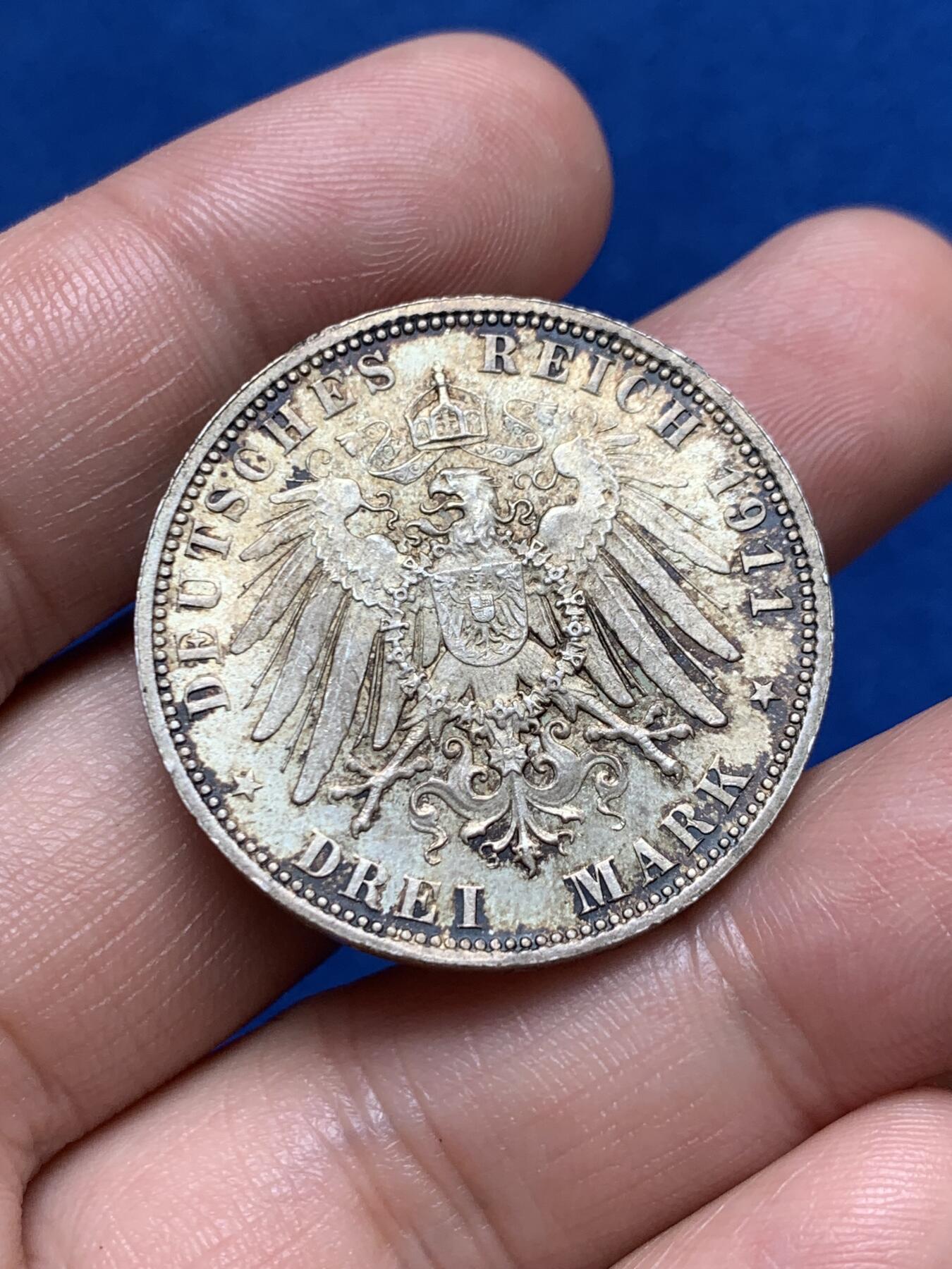 《竞宝斋》第270场- 周日，周一，周二  3场连拍 （全场包邮） 1911年 德国摄政王 3马克 银币 原味包浆