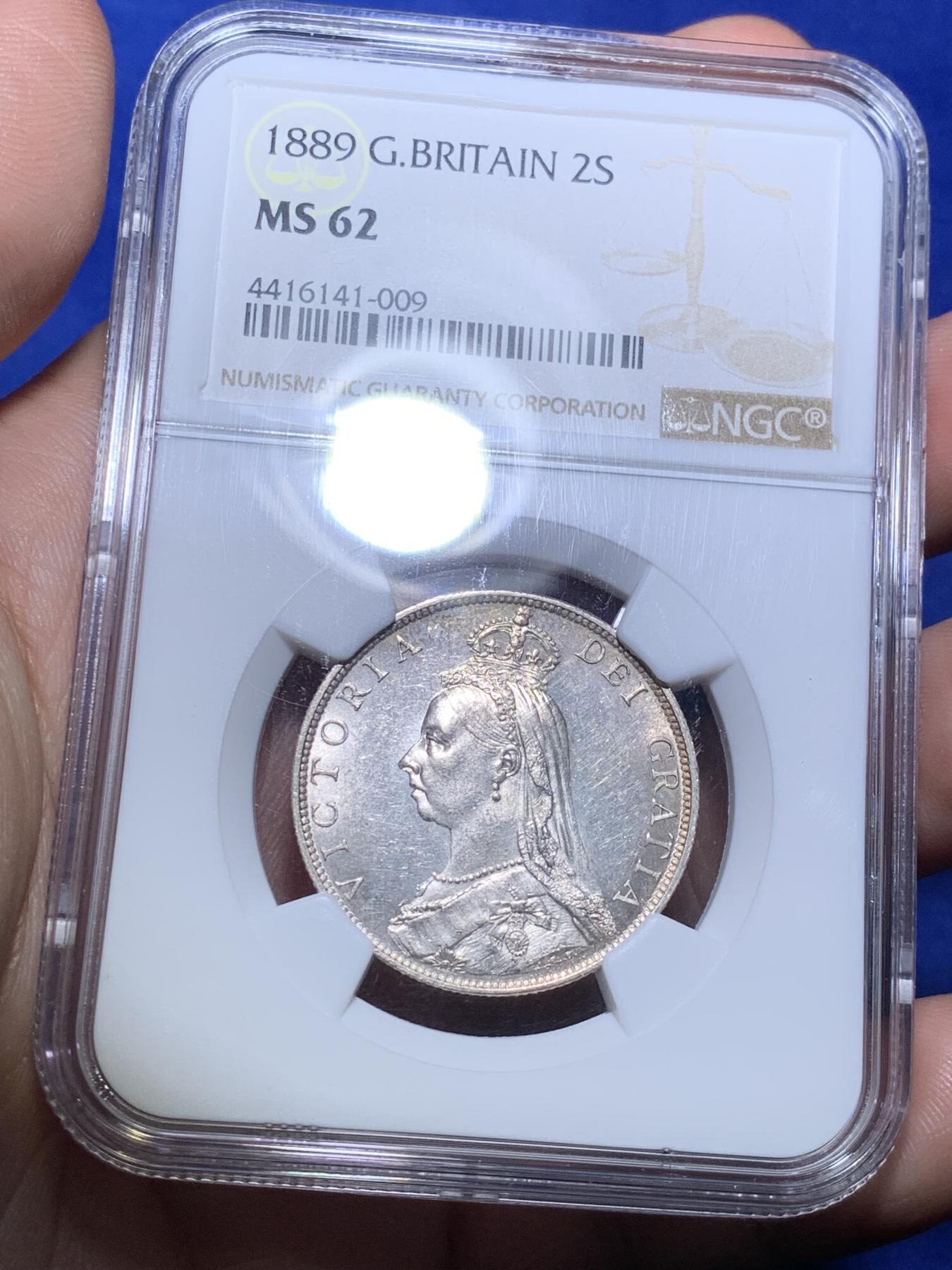 《竞宝斋》第270场- 周日，周一，周二  3场连拍 （全场包邮） NGC MS62 英国1889年维多利亚高冠弗洛林银币