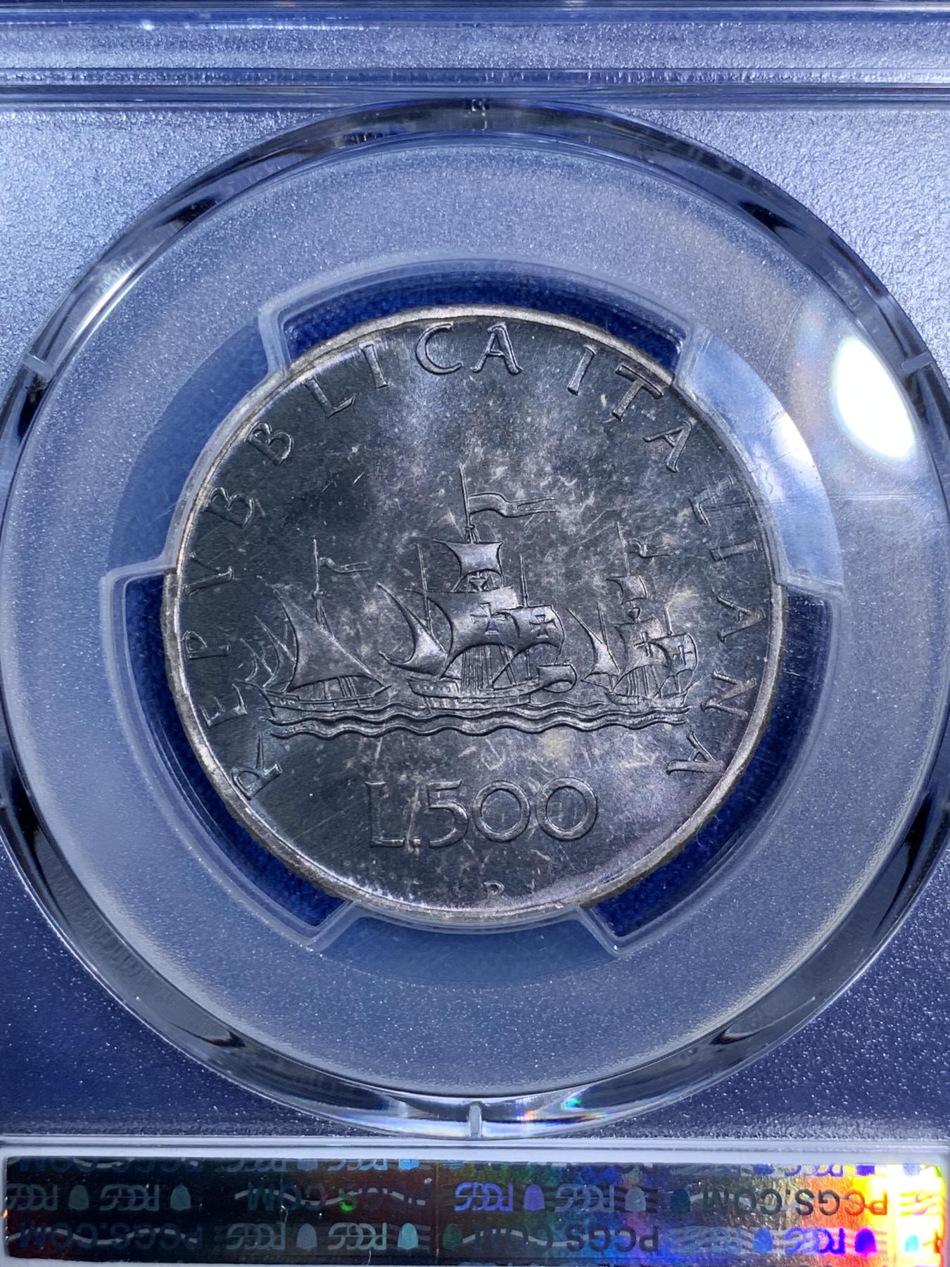 《竞宝斋》第270场- 周日，周一，周二  3场连拍 （全场包邮） PCGS MS66 意大利1970年500里拉人妻帆船银币 双面黑彩重包浆 高分好味道