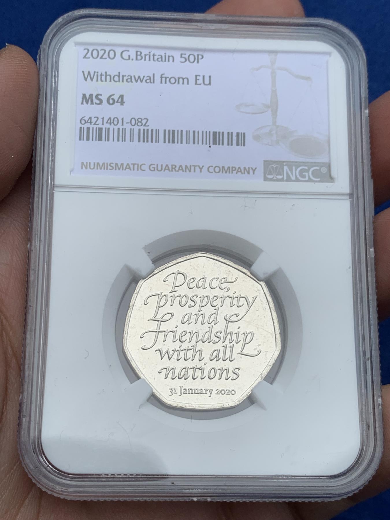 《竞宝斋》第270场- 周日，周一，周二  3场连拍 （全场包邮） NGC MS64 英国 2020年 脱欧 50便士