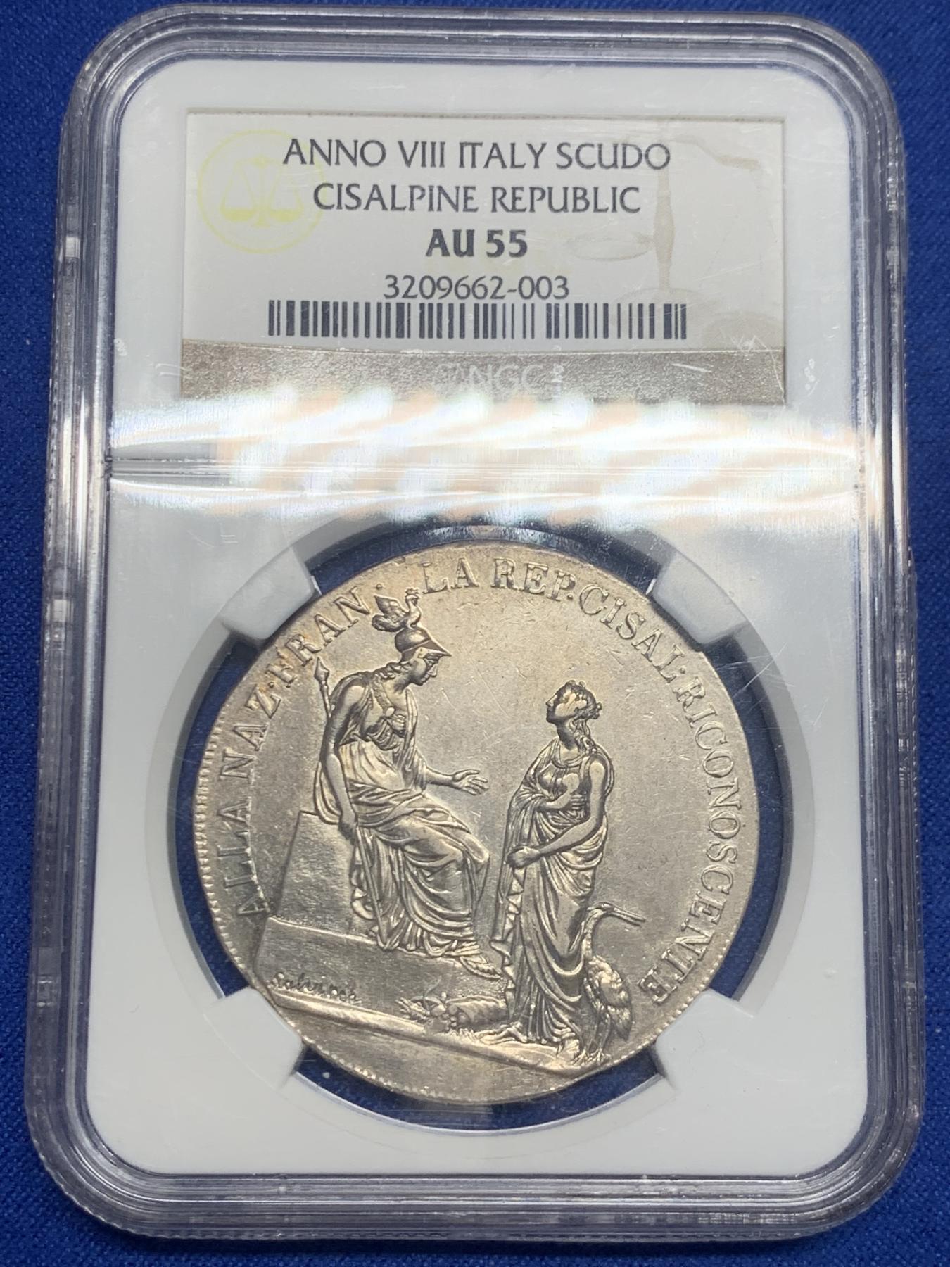 《竞宝斋》第270场- 周日，周一，周二  3场连拍 （全场包邮） NGC AU55 山南共和国1800年1SCUDO大银币 经典意系和拿破仑系银币，艺术品一般的存在 老盒封装 保存的很好