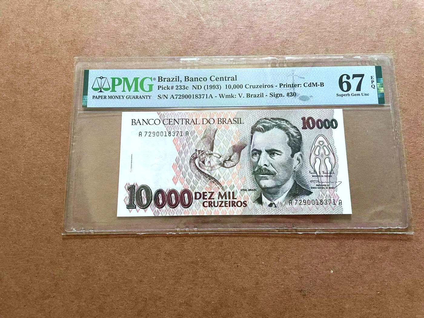 【Blue Auction】✨世界纸币精拍第479期【精】 【AA】巴西 1993年10000克鲁塞罗 PMG67EPQ 高分