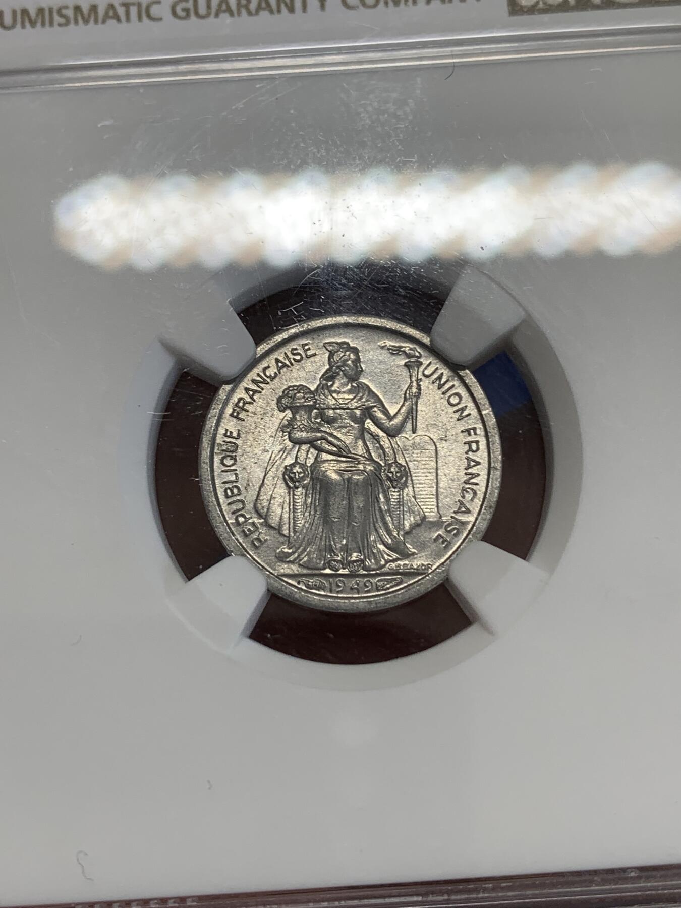 《竞宝斋》第270场- 周日，周一，周二  3场连拍 （全场包邮） NGC MS64 法属新喀里多尼亚1949年50C铝币