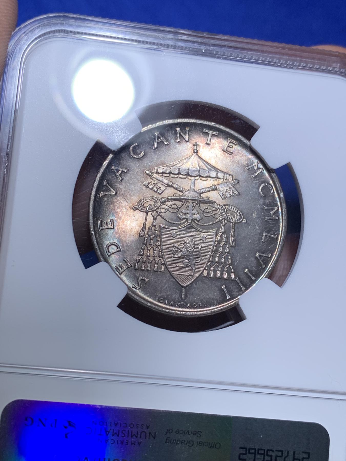 《竞宝斋》第270场- 周日，周一，周二  3场连拍 （全场包邮） NGC MS64 梵蒂冈1958年教皇缺位500里拉银币