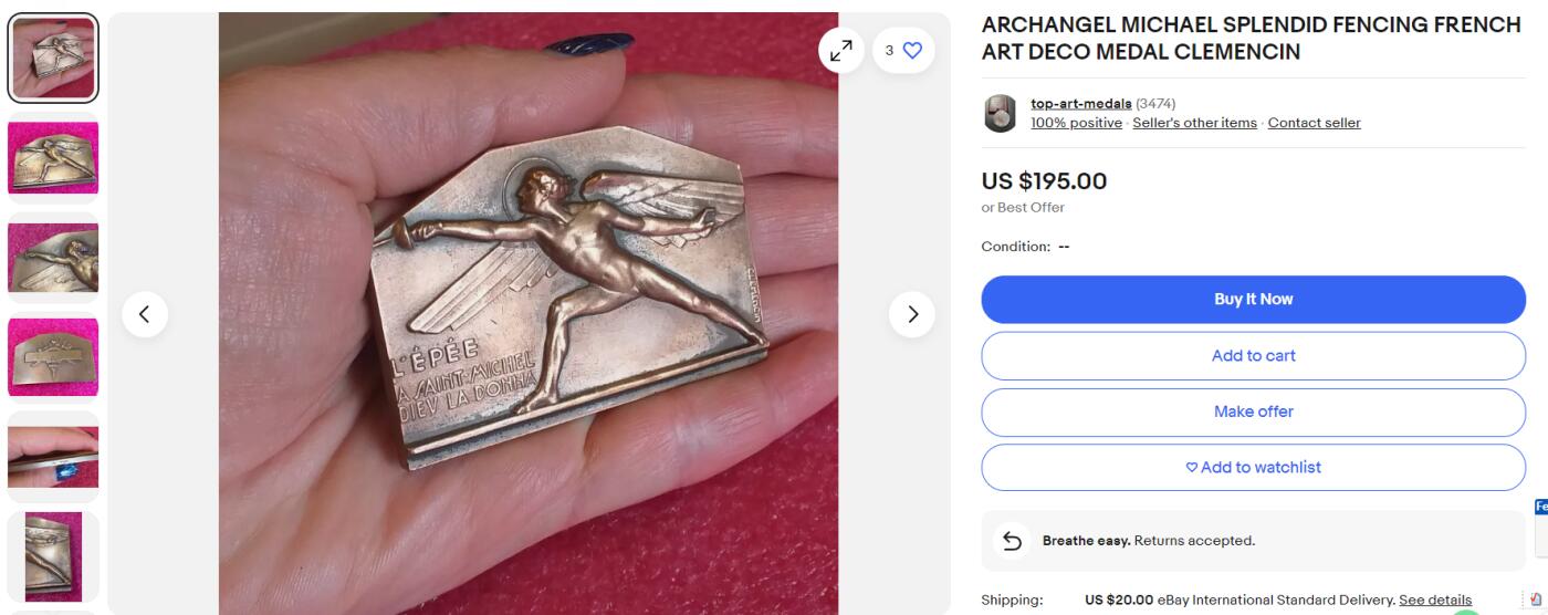 《竞宝斋》第271场-八角与章专场 周日，周一，周二  3场连拍 （全场包邮） 法国 击剑 异形纪念章 大天使迈克尔致命一击 题材特殊 少见 100.76克 44-67.2mm 丰饶角边铭