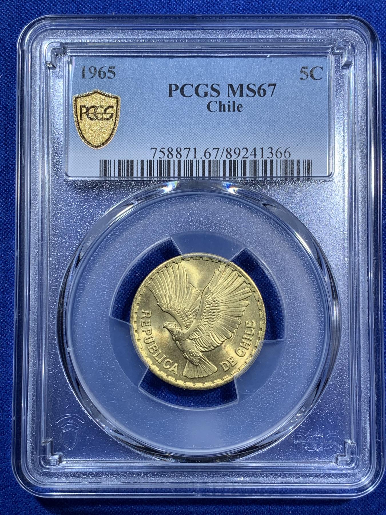 《竞宝斋》第270场- 周日，周一，周二  3场连拍 （全场包邮） PCGS金盾 MS67 智利高分飞鹰1965年5分铜币 冠军分