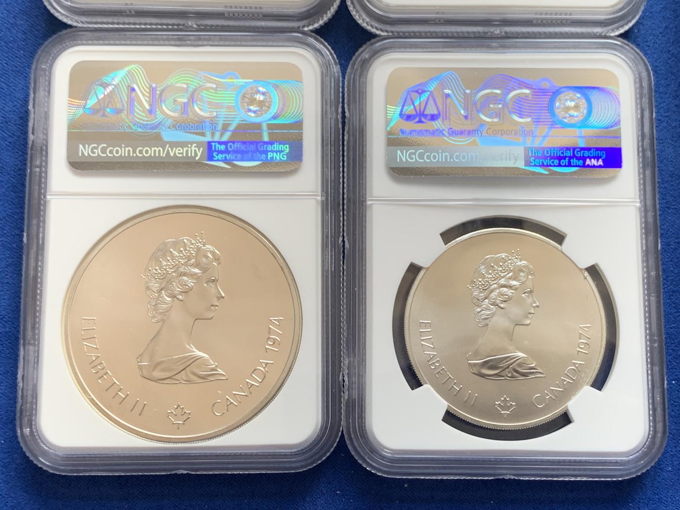 《竞宝斋》第270场- 周日，周一，周二  3场连拍 （全场包邮） 4枚一组 NGC MS66-69 加拿大1974年蒙特利尔奥运会纪念银币 全部为克朗型大银币 925银 合计重量144克 有原盒 少见品种