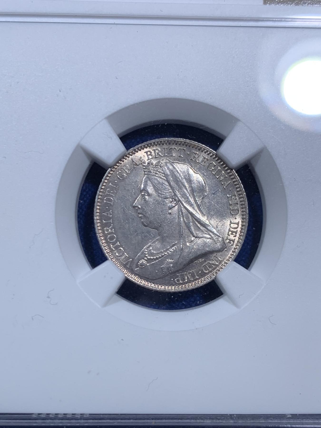 《竞宝斋》第270场- 周日，周一，周二  3场连拍 （全场包邮） NGC UNCD 英国 1893年 维多利亚 批纱版 6便士 银币