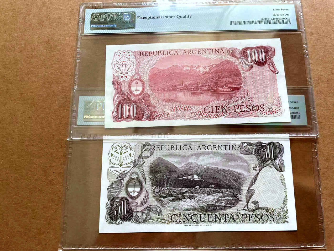 【Blue Auction】✨世界纸币精拍第479期【精】 【一组2张】阿根廷 1976-78年50-100比索  PMG67EPQ 高分