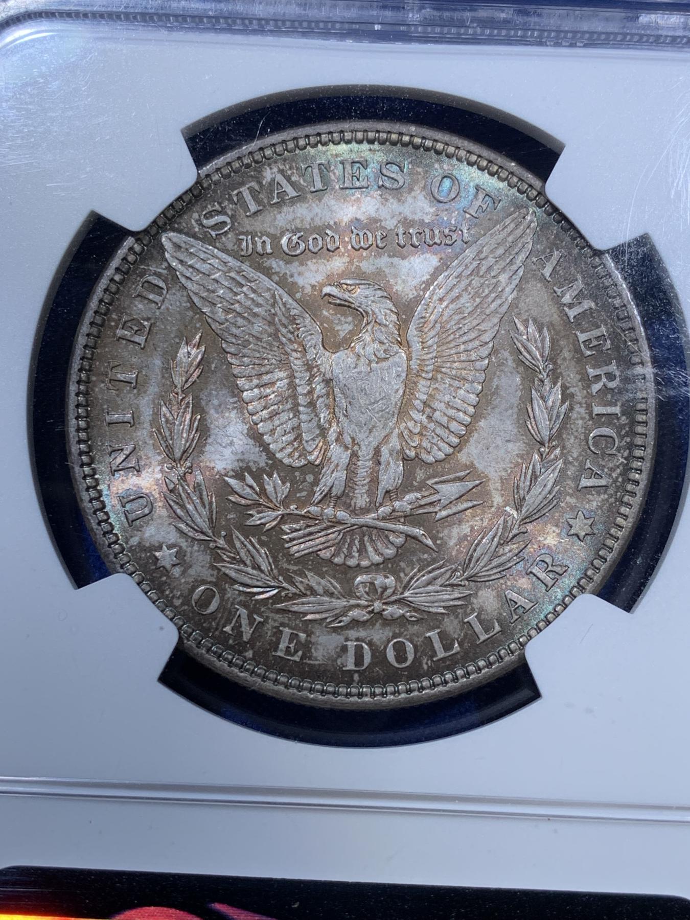 《竞宝斋》第270场- 周日，周一，周二  3场连拍 （全场包邮） NGC MS63 美国1885年摩根银币P版 原汁原味双面五彩老包浆 略为低评