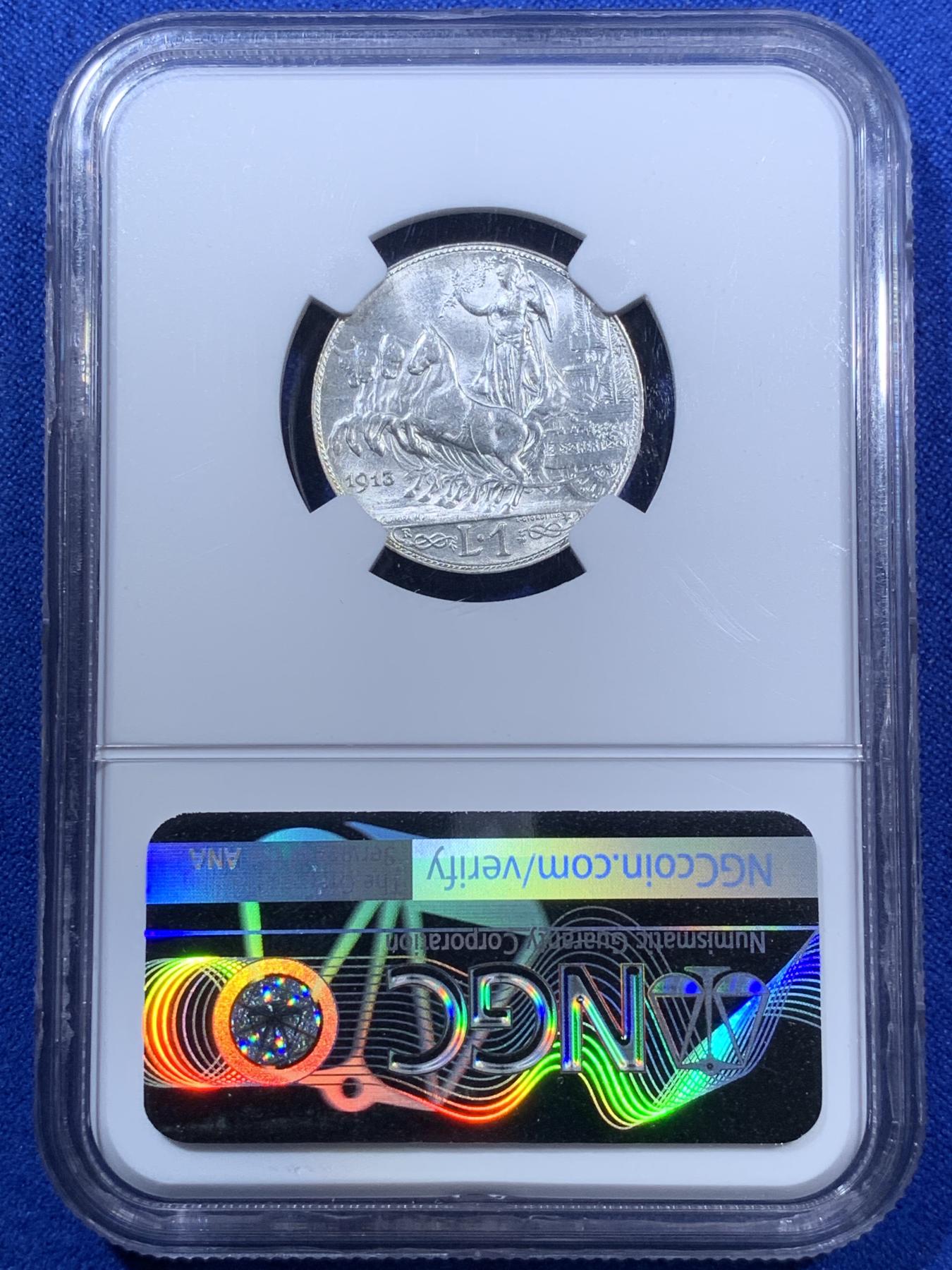 《竞宝斋》第270场- 周日，周一，周二  3场连拍 （全场包邮） NGC MS62 意大利1913年圈版小马车1里拉银币 圈版好品稀少 62已经不容易