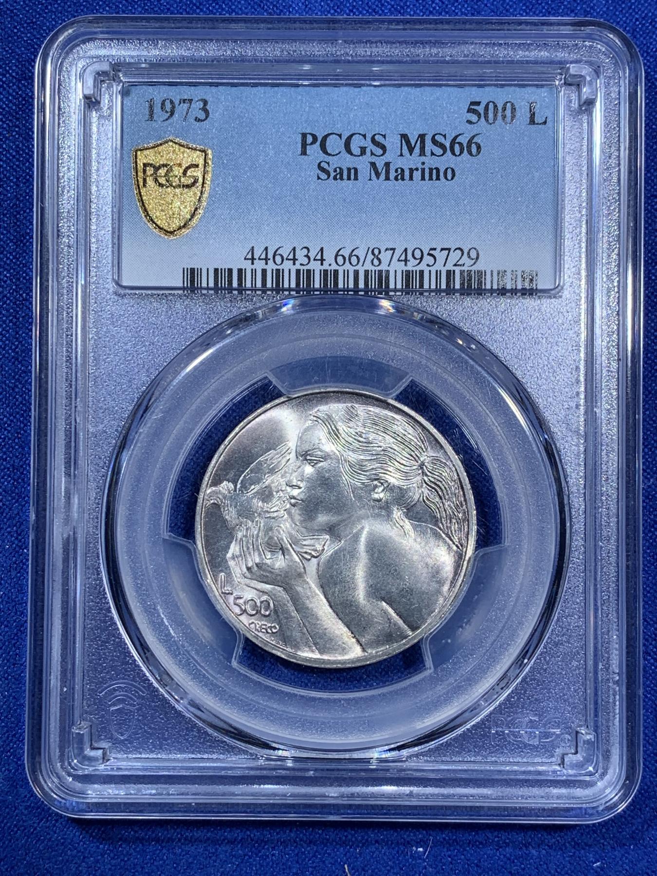 《竞宝斋》第270场- 周日，周一，周二  3场连拍 （全场包邮） PCGS MS66 亚军分 1973年圣马力诺500里拉银币 亲吻和平鸽的少女 背面盒子支撑小磕