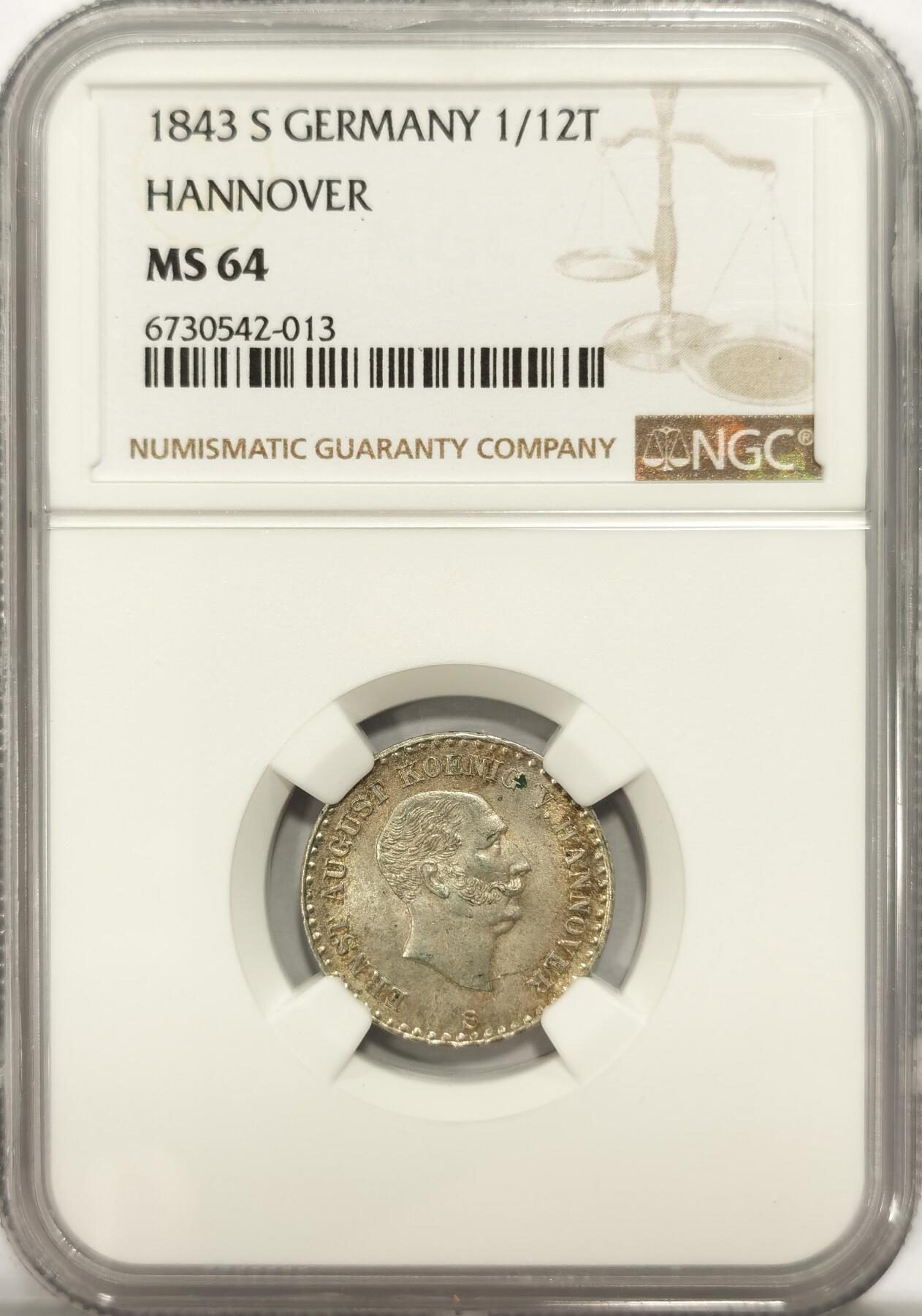 博洋堂世界钱币拍卖第078期（全场包邮） NGC MS64 亚军分！德国汉诺威1843年1/12泰勒银币