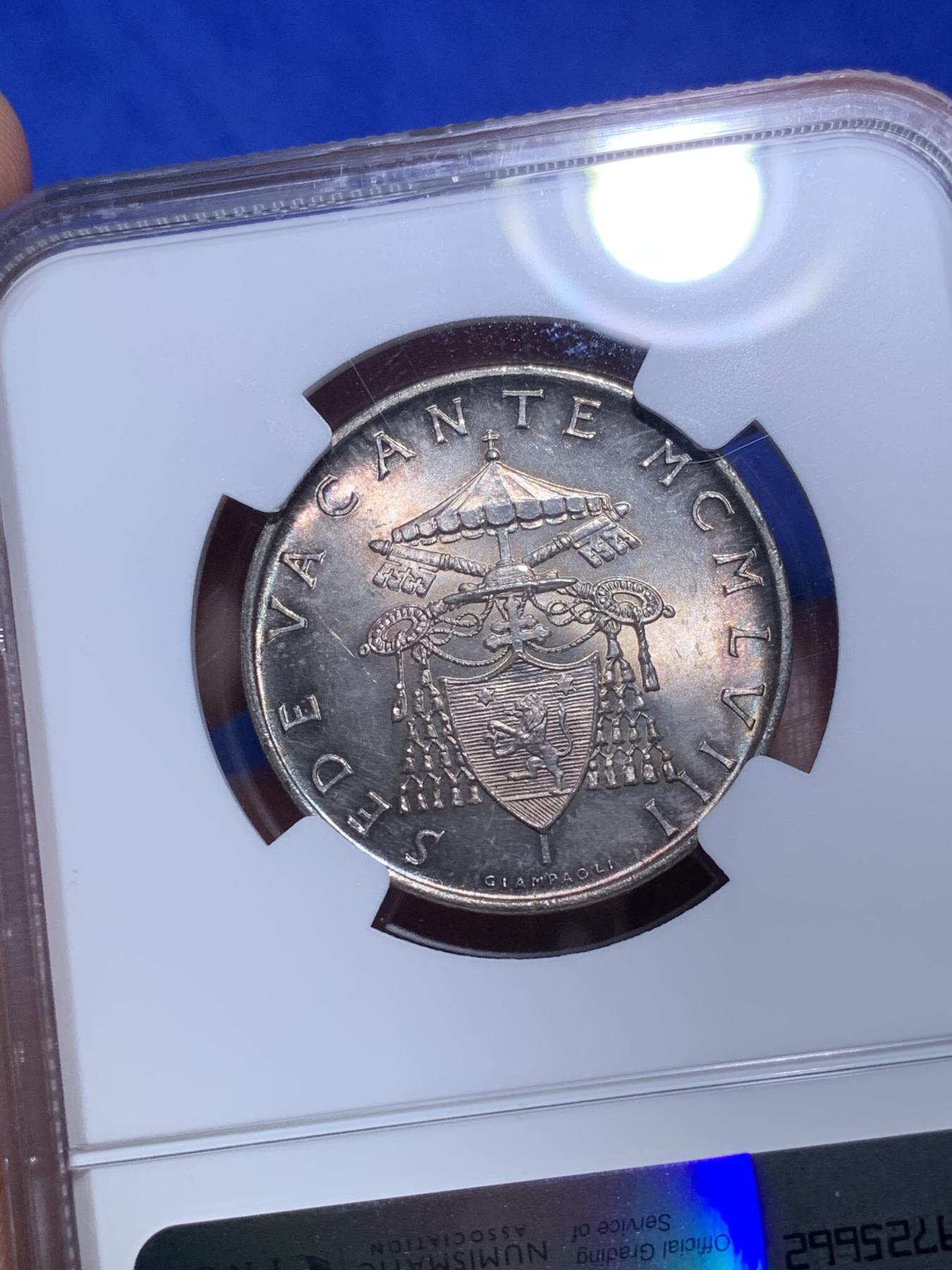 《竞宝斋》第270场- 周日，周一，周二  3场连拍 （全场包邮） NGC MS64 梵蒂冈1958年教皇缺位500里拉银币