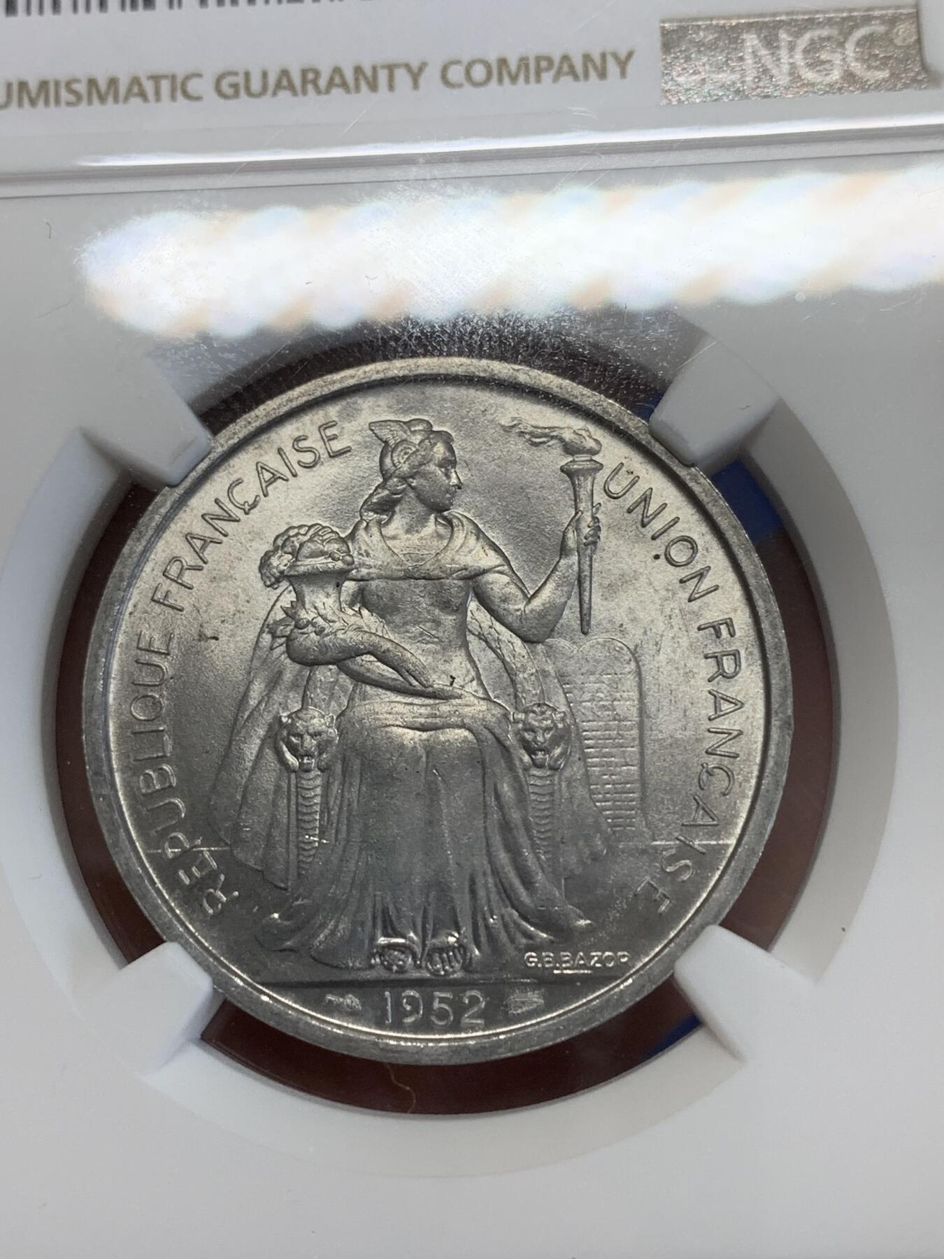 《竞宝斋》第270场- 周日，周一，周二  3场连拍 （全场包邮） NGC MS64 法属新喀里多尼亚1952年5法郎铝币