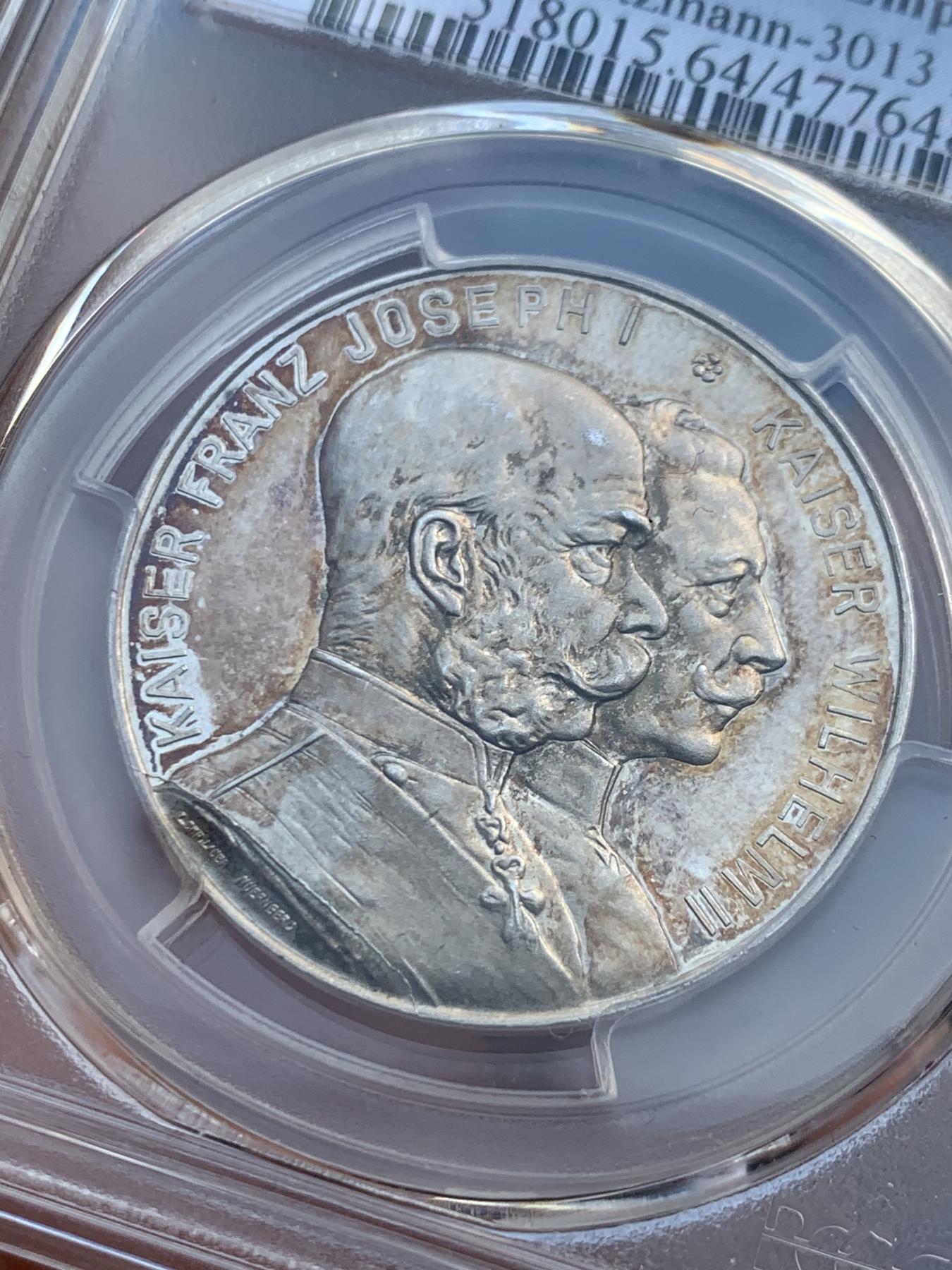 《竞宝斋》第270场- 周日，周一，周二  3场连拍 （全场包邮） PCGS SP64 1914年德国一战弗朗茨和威廉二世德奥同盟银章 镜面底板 品相状态非常好