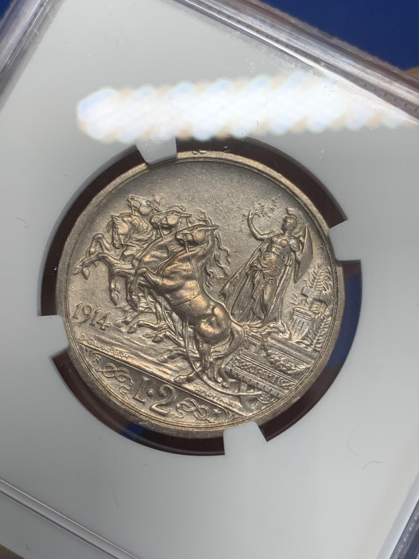 《竞宝斋》第270场- 周日，周一，周二  3场连拍 （全场包邮） NGC UNCD 意大利1914年马车2里拉银币