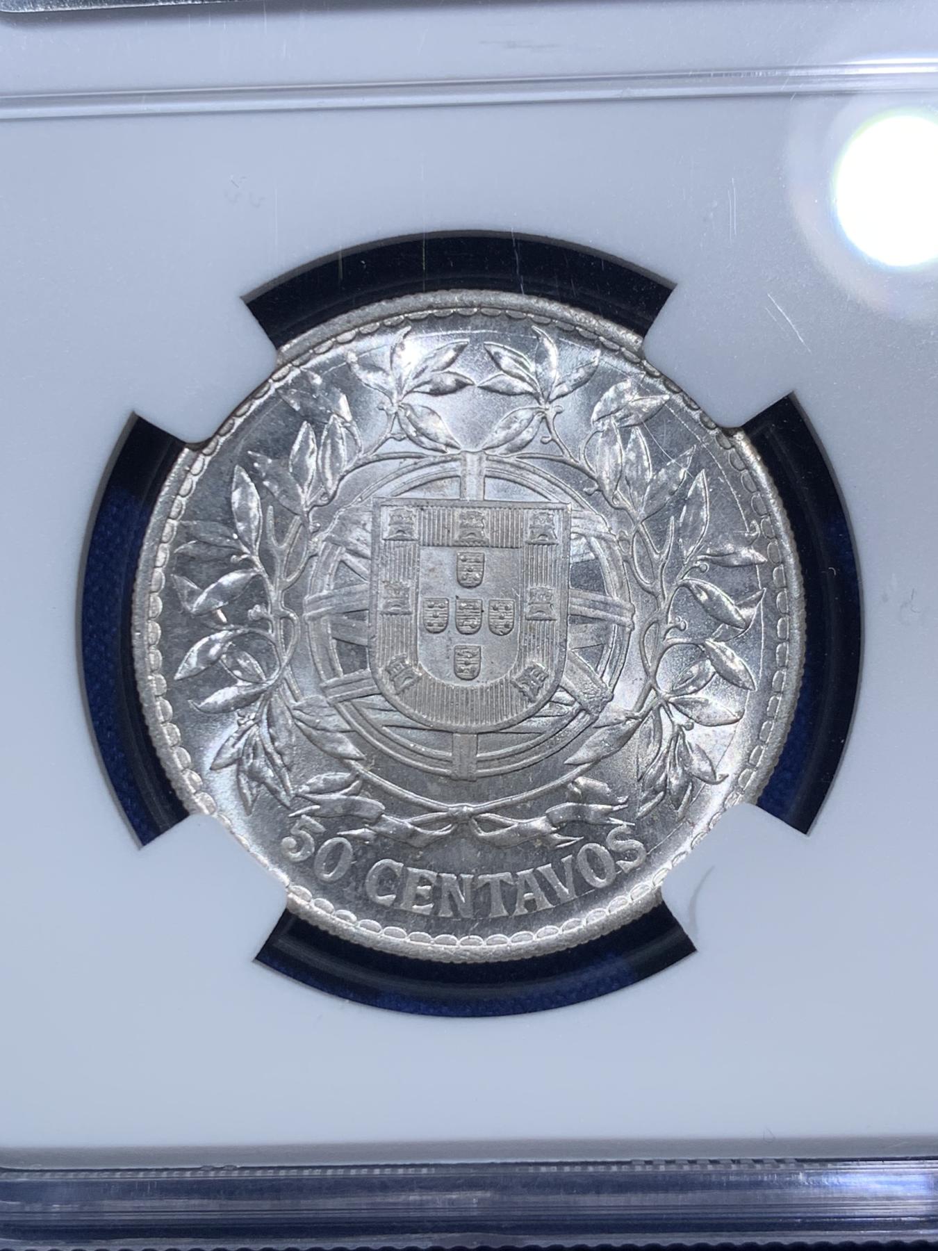 《竞宝斋》第270场- 周日，周一，周二  3场连拍 （全场包邮） NGC MS64 葡萄牙1916年50C半圆银币 十字银光 卷拆品质 非常漂亮 葡萄牙女神凑套必备 64收藏级高分