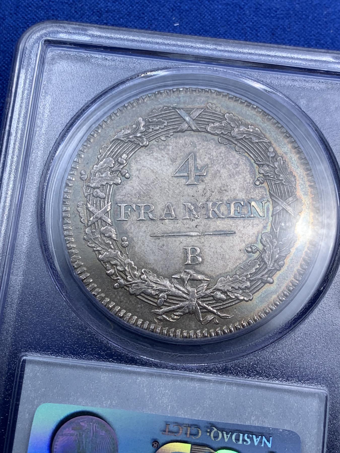 《竞宝斋》第270场- 周日，周一，周二  3场连拍 （全场包邮） PCGS AU58  瑞士 1801 海尔维蒂共和国 4法郎 银币 稀少首见品种