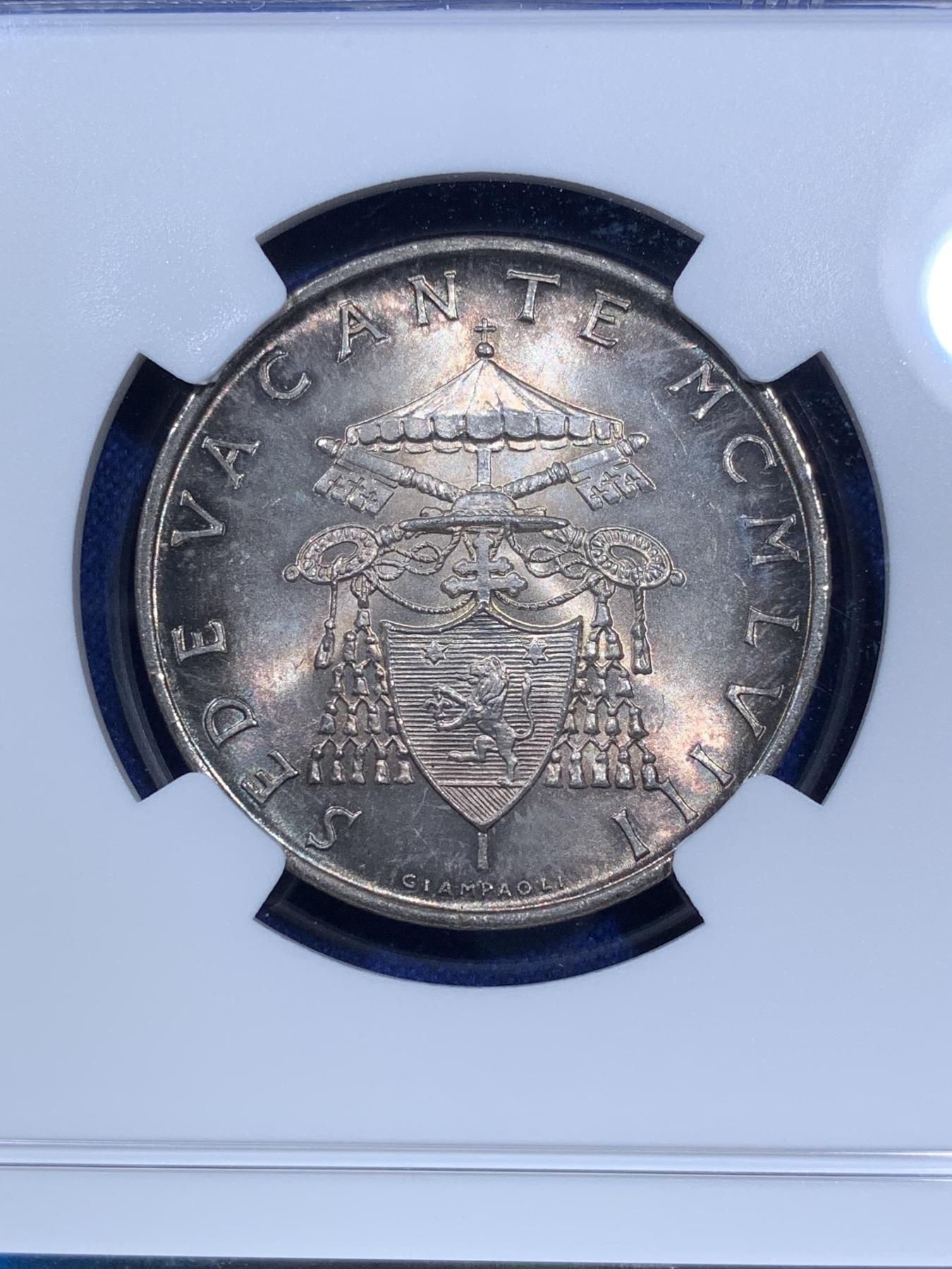 《竞宝斋》第270场- 周日，周一，周二  3场连拍 （全场包邮） NGC MS64 梵蒂冈1958年教皇缺位500里拉银币