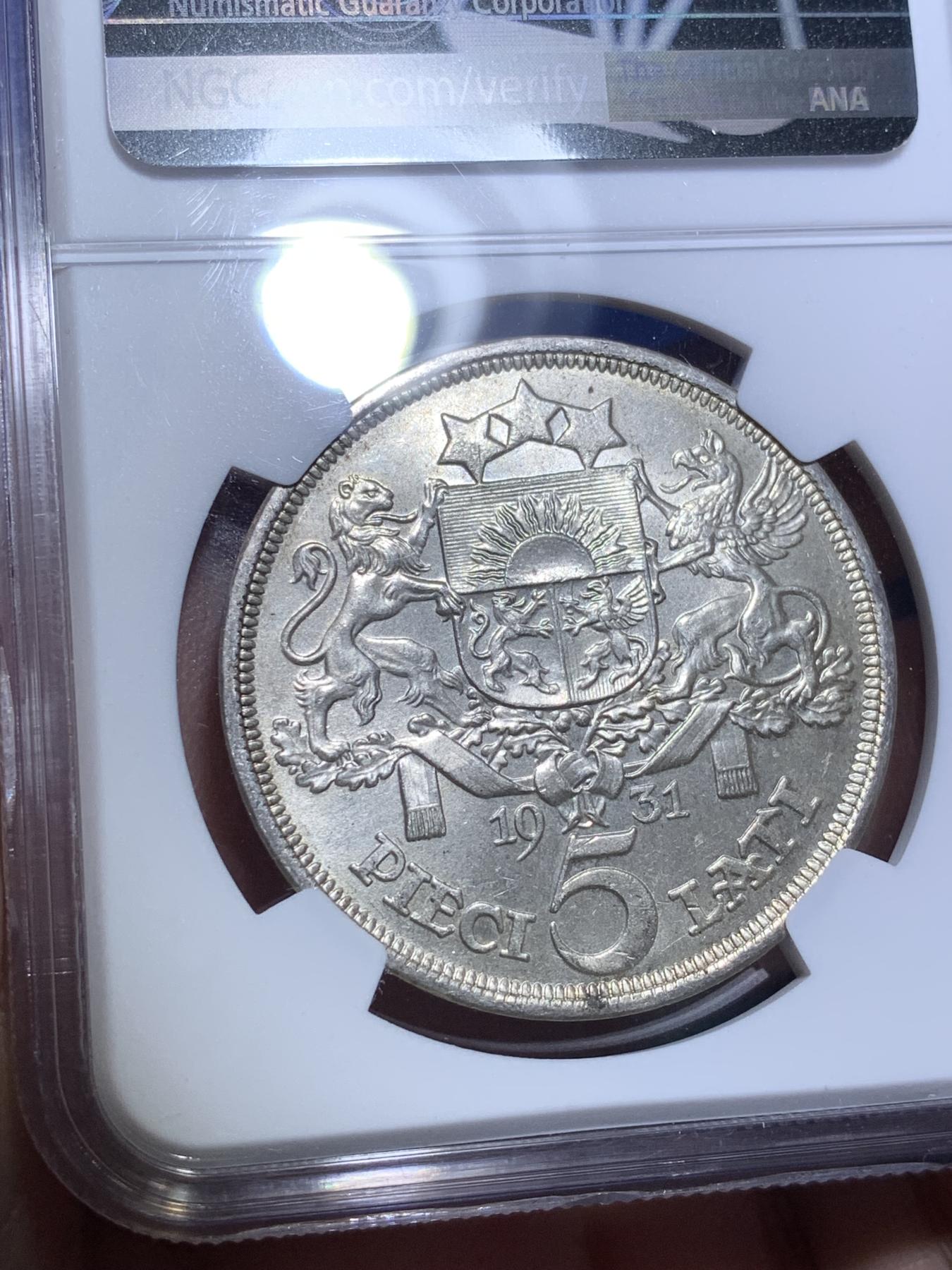 《竞宝斋》第270场- 周日，周一，周二  3场连拍 （全场包邮） NGC MS64 拉脱维亚1931年谷物女神5拉特大银币 64分已经很少见了 外拍大涨品种