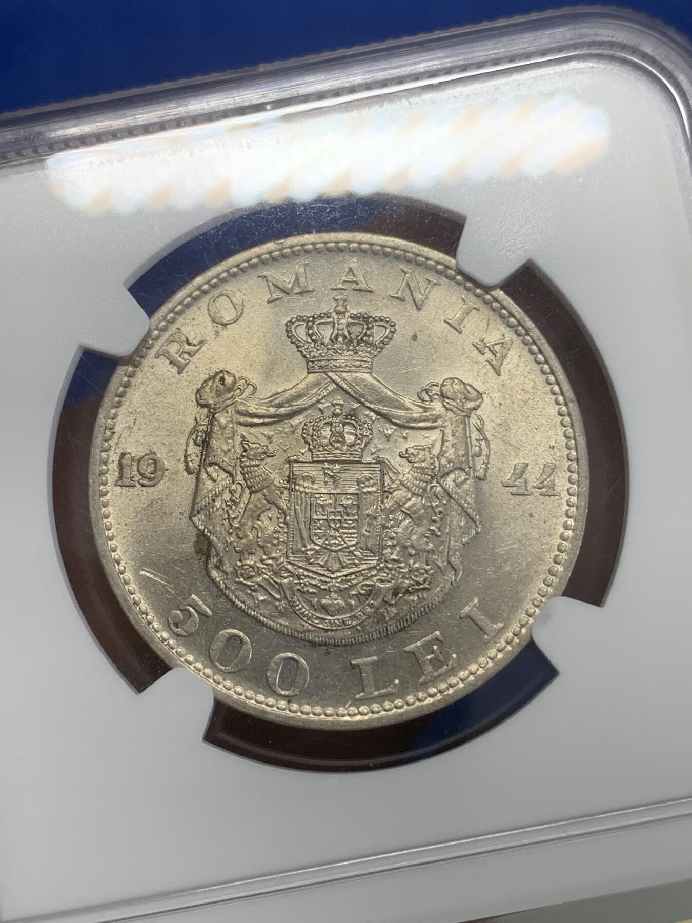 《竞宝斋》第270场- 周日，周一，周二  3场连拍 （全场包邮） NGC UNC 罗马尼亚1944年500列伊大银币