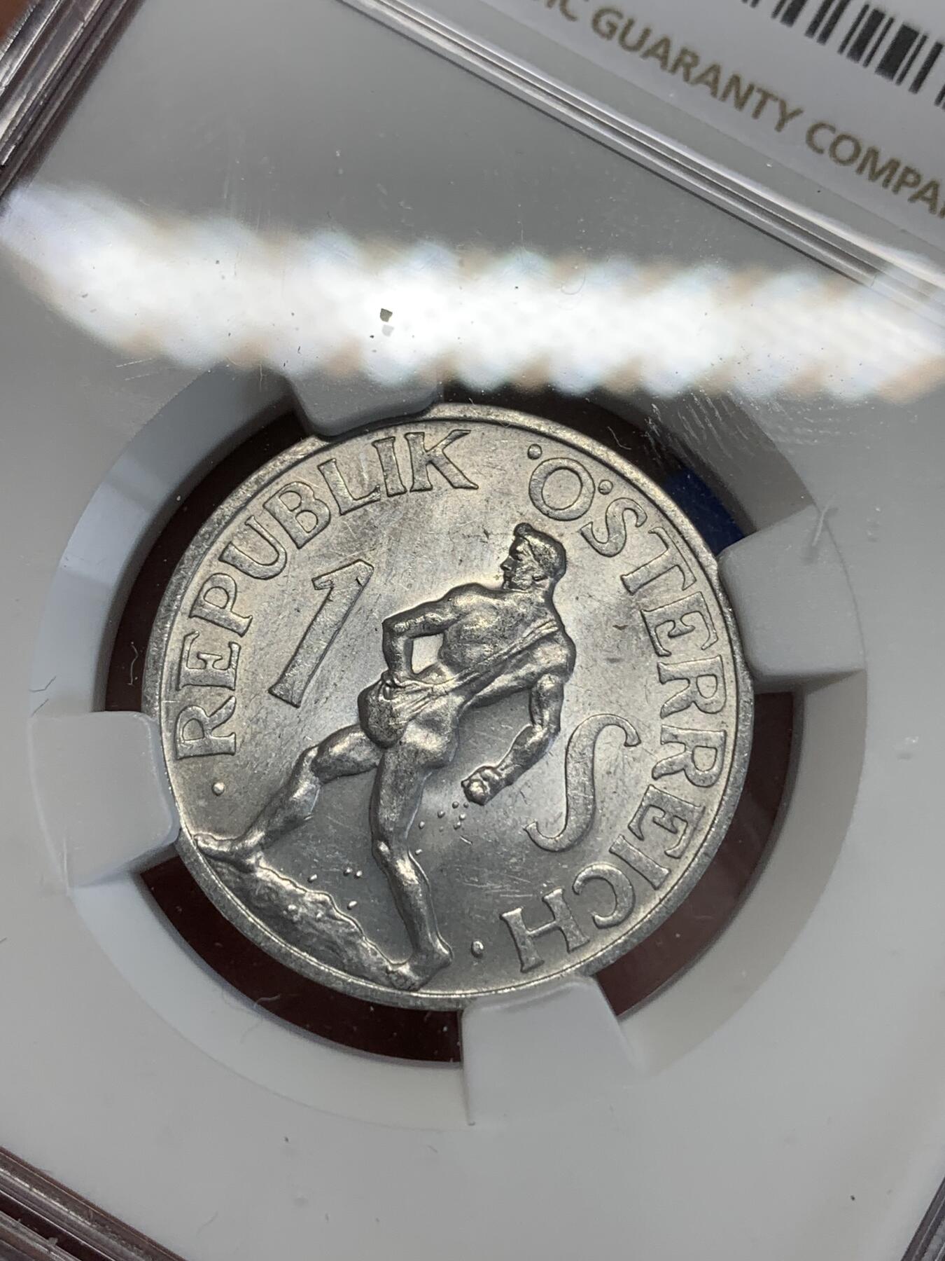 《竞宝斋》第270场- 周日，周一，周二  3场连拍 （全场包邮） NGC MS62 奥地利 1957年 裸男 播种 1先令铝币