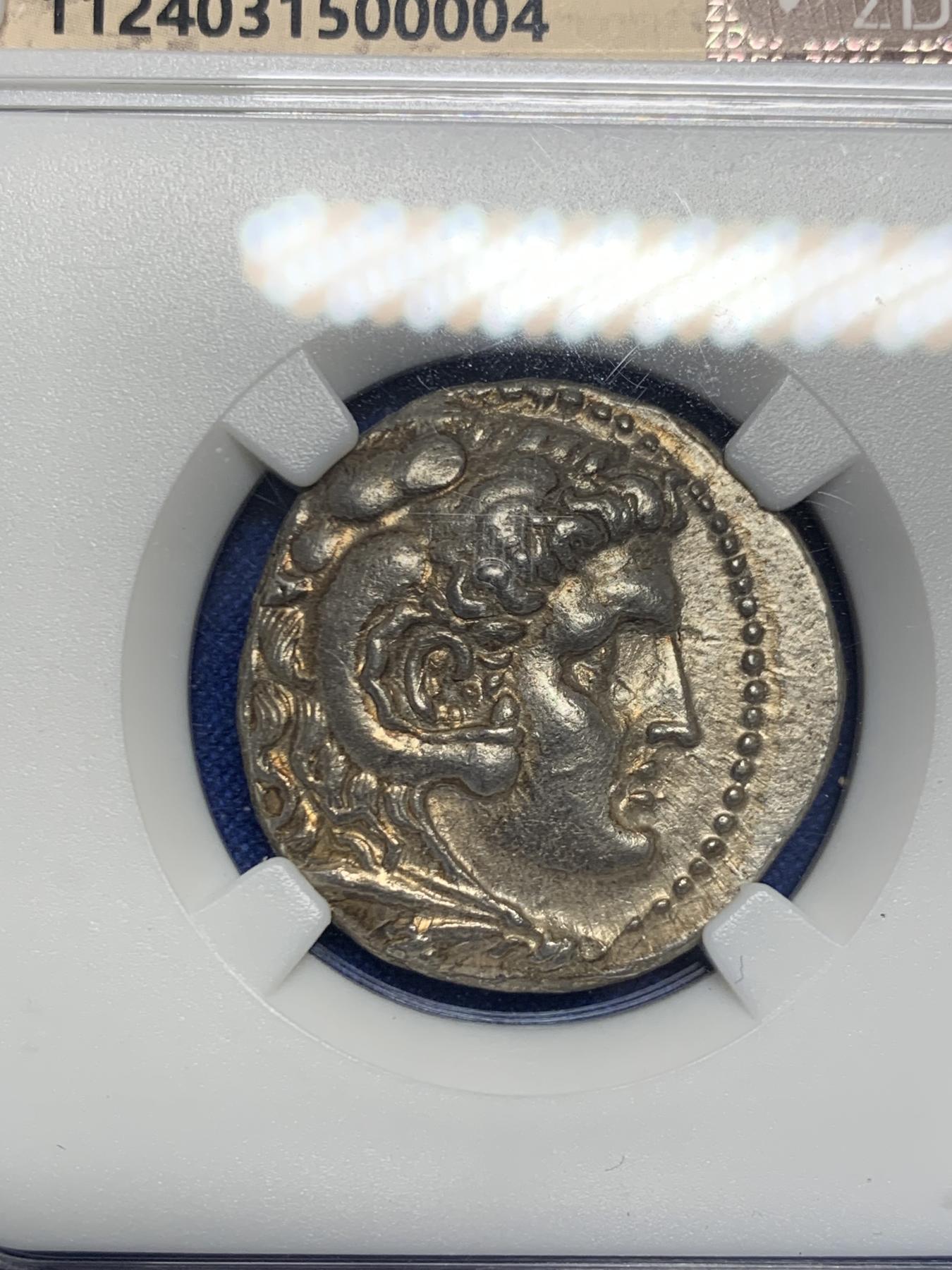 《竞宝斋》第270场- 周日，周一，周二  3场连拍 （全场包邮） 奈斯评级 AU 古希腊亚历山大大帝4德大银币 极品品相原光 打制居中高点齐全艺术性好 观感极佳 稀少的塞琉古一世铸造