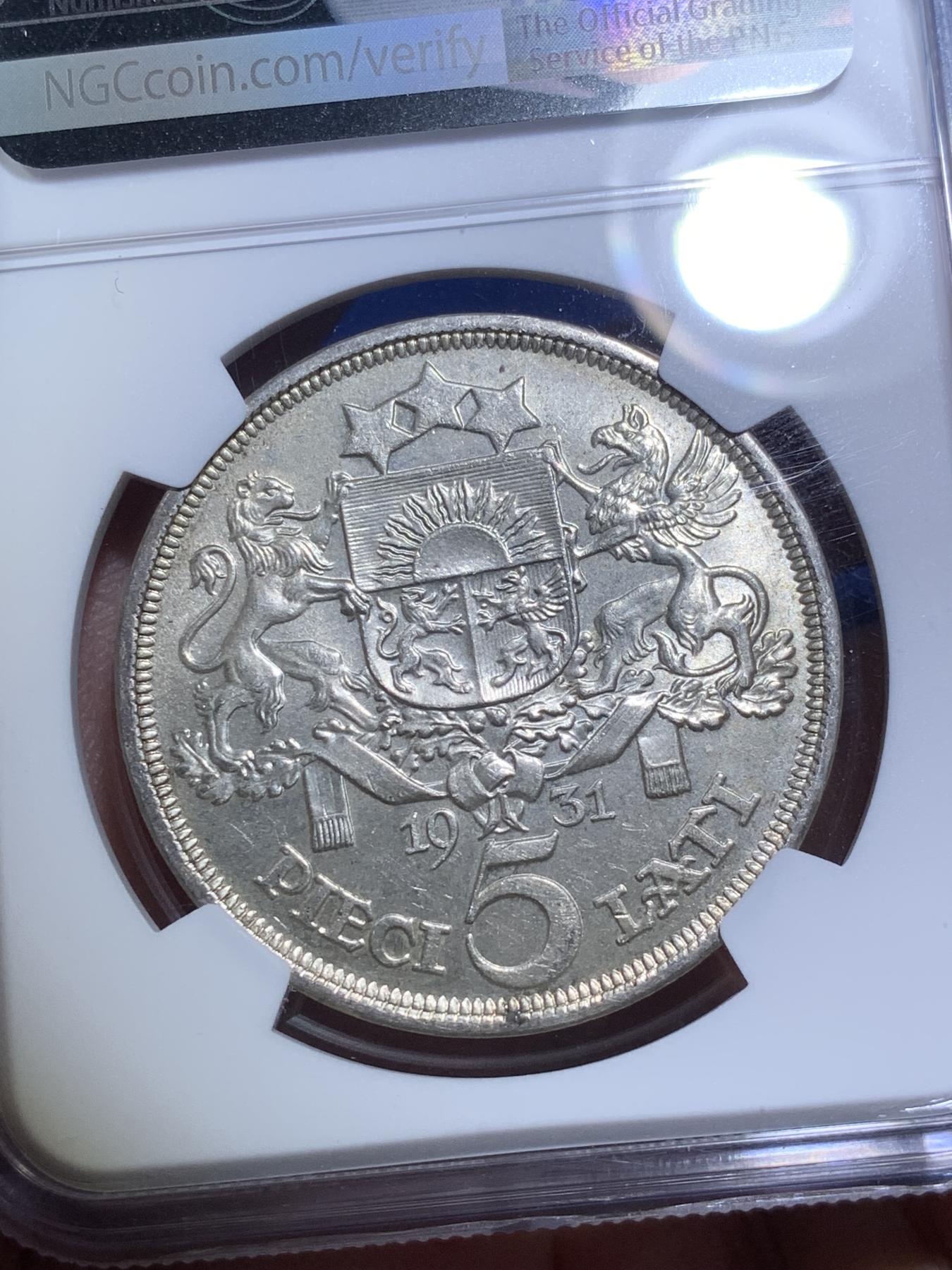 《竞宝斋》第270场- 周日，周一，周二  3场连拍 （全场包邮） NGC MS64 拉脱维亚1931年谷物女神5拉特大银币 64分已经很少见了 外拍大涨品种