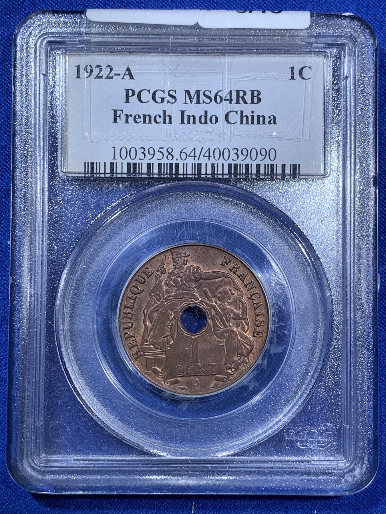《竞宝斋》第270场- 周日，周一，周二  3场连拍 （全场包邮） PCGS MS64RB 法属印支1922年百分之一中孔铜币 早期年份 高分稀见 不是常见的后期38、39年 老白盒品质保障 p盒更高分记录仅仅2枚