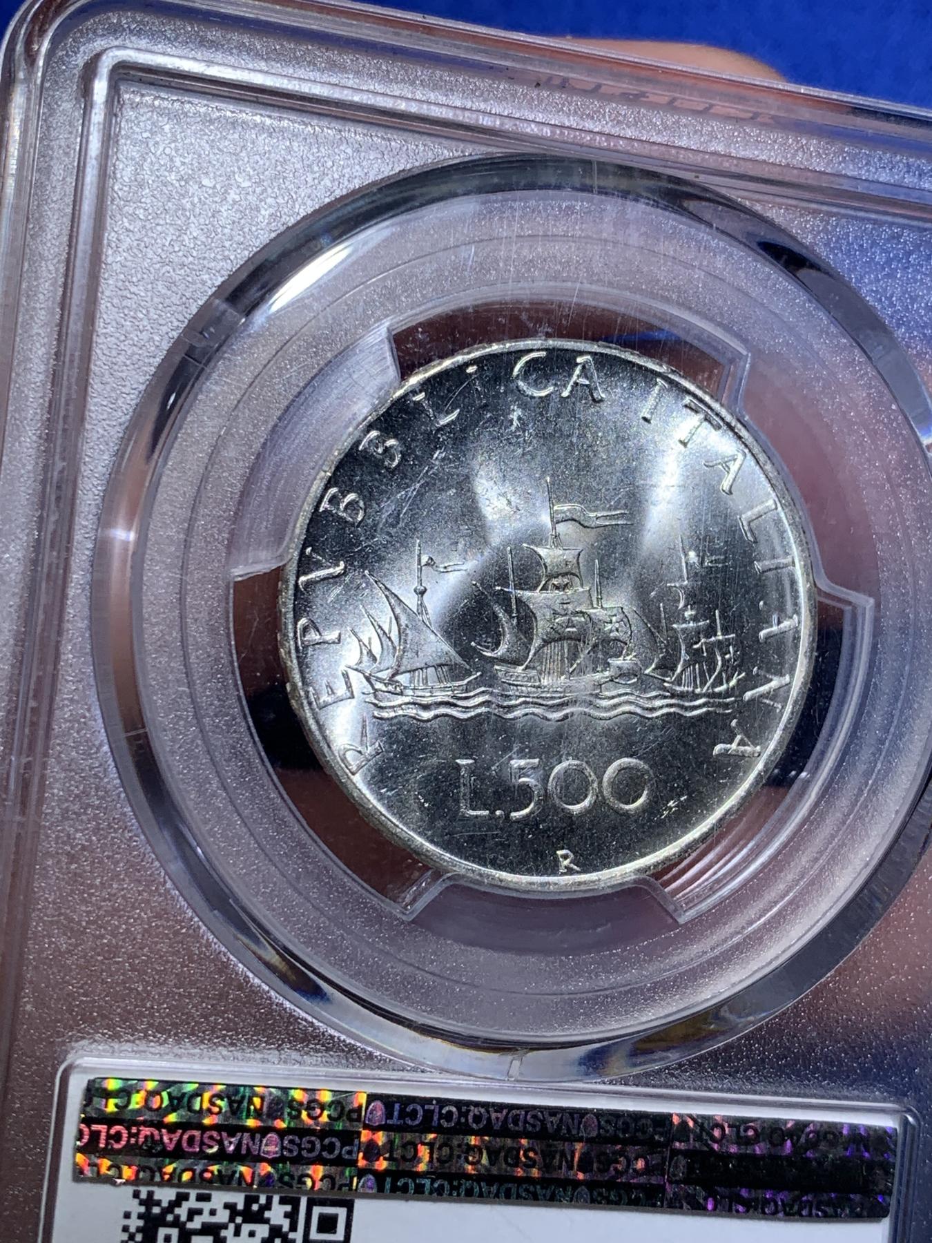 《竞宝斋》第270场- 周日，周一，周二  3场连拍 （全场包邮） PCGS MS65 意大利1966年帆船美女500里拉银币 经典设计 霜银车轮光 真正的卷拆品质