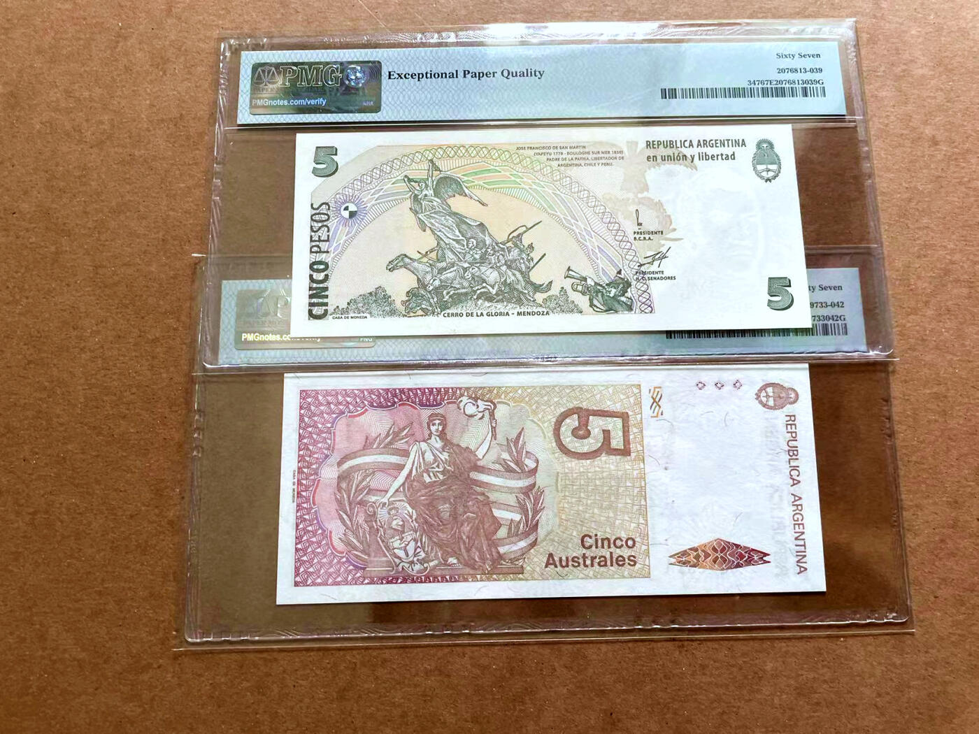 【Blue Auction】✨世界纸币精拍第479期【精】 【一组2张】阿根廷 1985-2003年5Australes/5比索  PMG67EPQ 高分