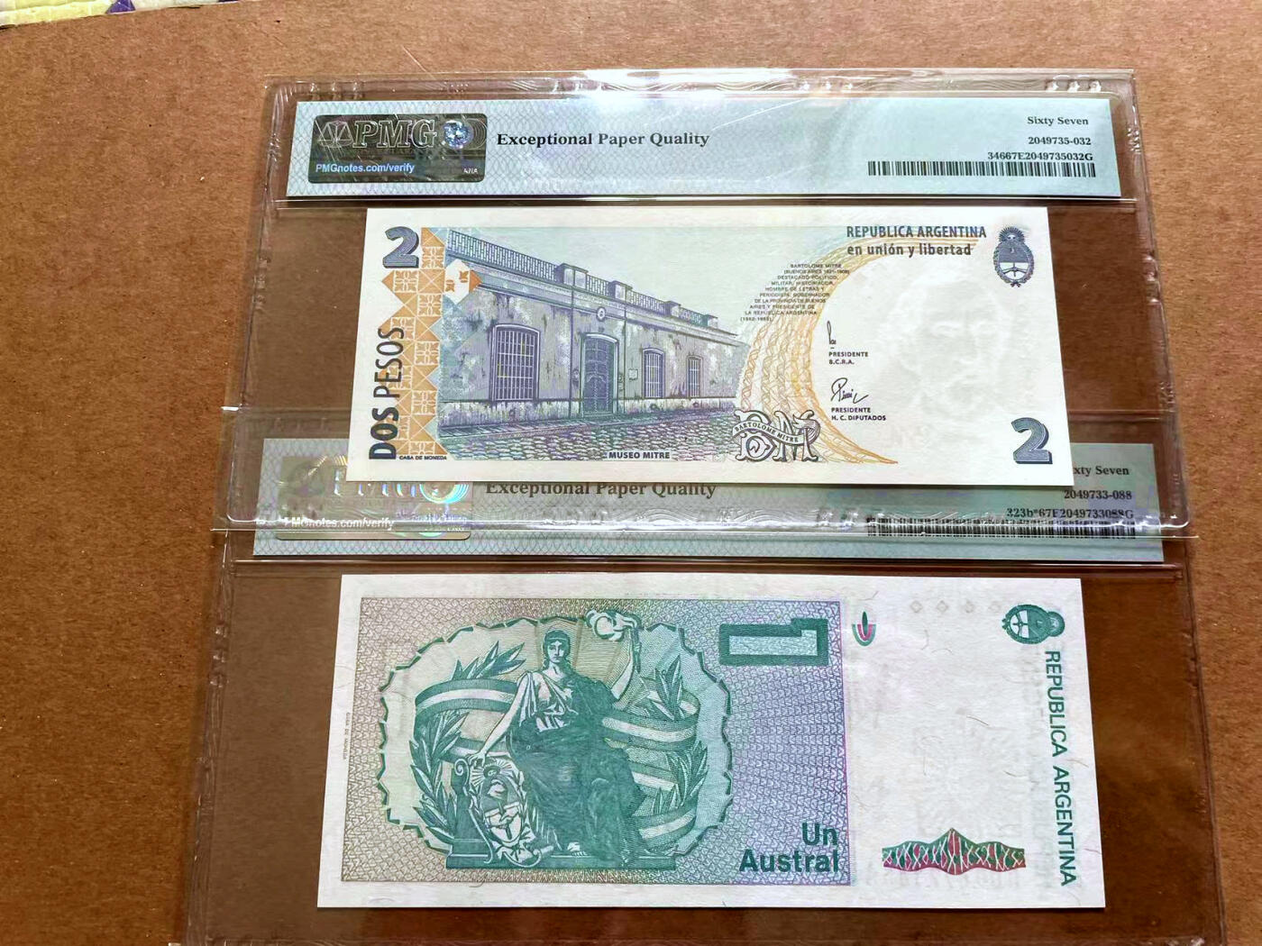 【Blue Auction】✨世界纸币精拍第479期【精】 【一组2张 含补号】阿根廷 1985-2002年1Austral/2比索  PMG67EPQ 高分