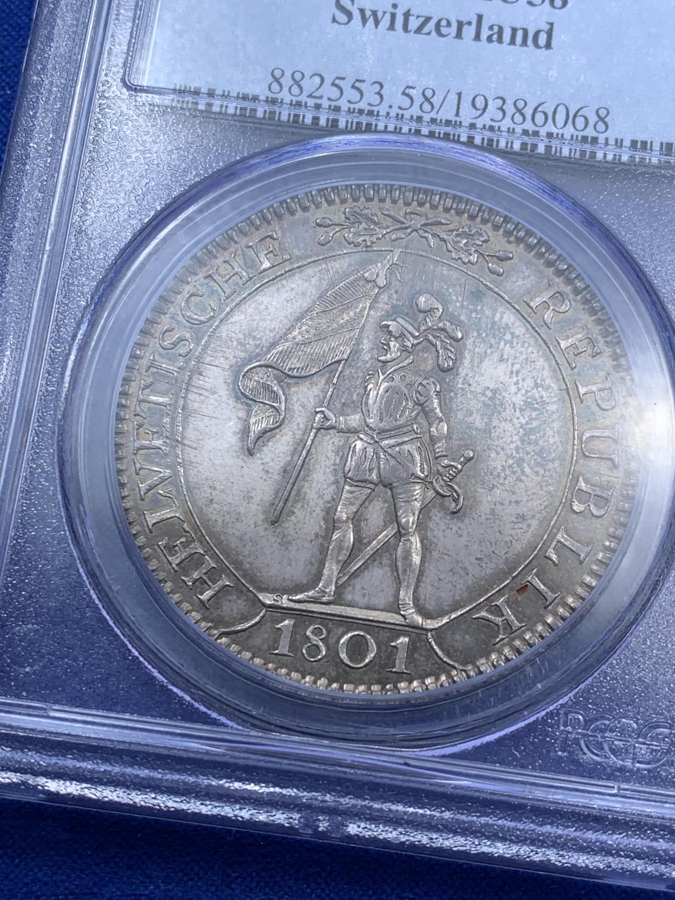 《竞宝斋》第270场- 周日，周一，周二  3场连拍 （全场包邮） PCGS AU58  瑞士 1801 海尔维蒂共和国 4法郎 银币 稀少首见品种