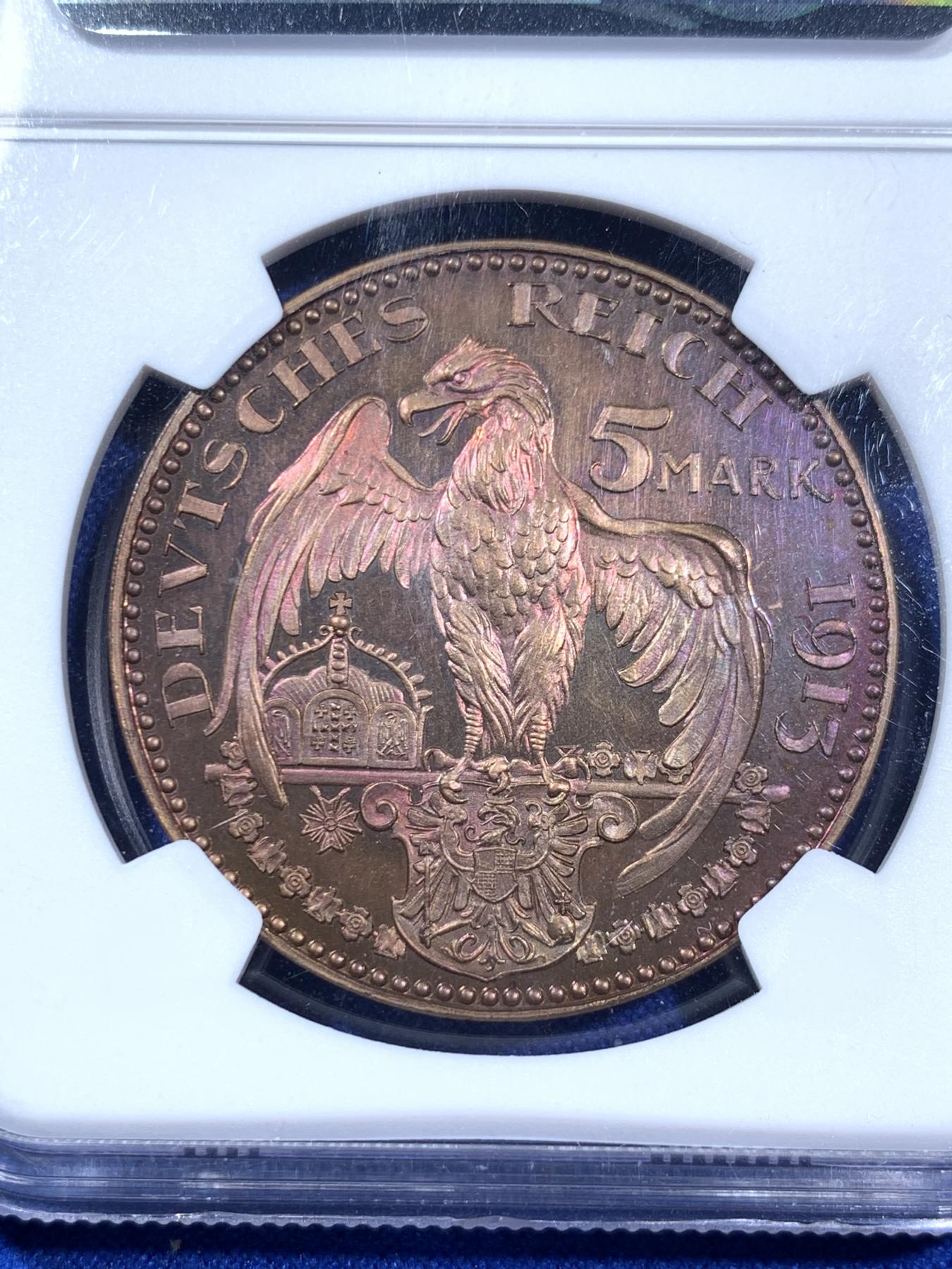 《竞宝斋》第270场- 周日，周一，周二  3场连拍 （全场包邮） NGC PF64RB 德国普鲁士1913年5马克铜样币 卡尔哥茨作品 镜面感强烈 背面梦幻蓝紫色包浆