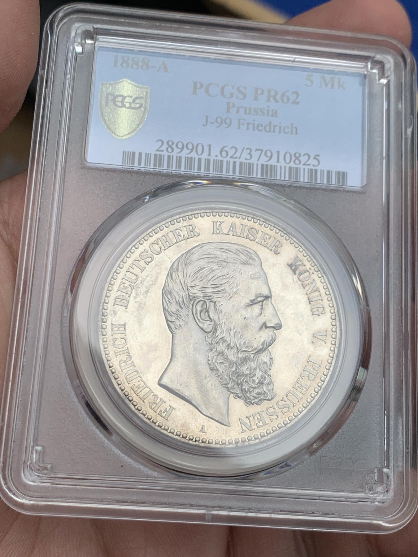 《竞宝斋》第270场- 周日，周一，周二  3场连拍 （全场包邮） PCGS PR62 德国 1888年 弗里德里希三世 德意志皇帝与普鲁士国王 精制版 5马克 大银币 如镜底面 非常的漂亮